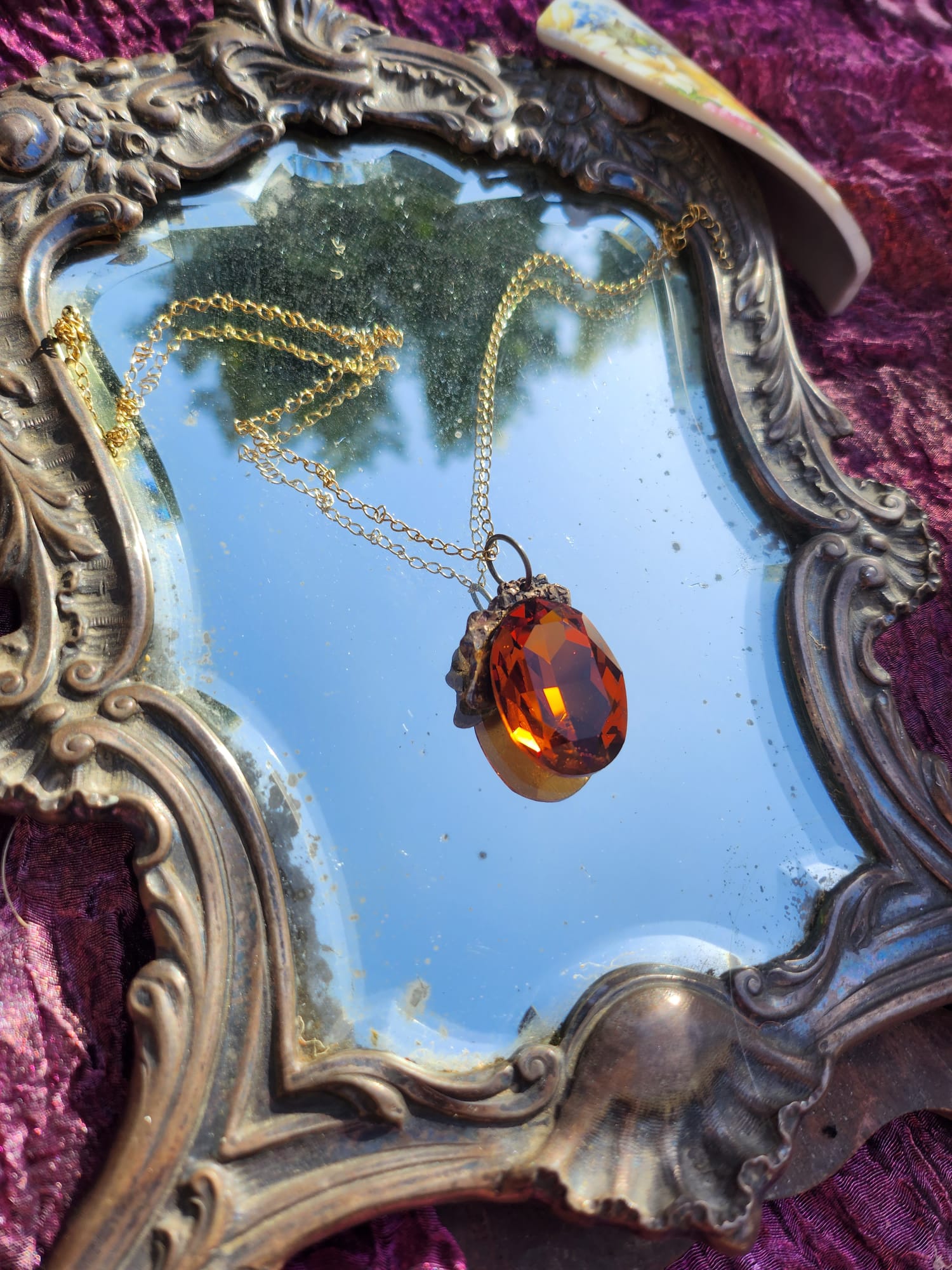 Emberlight Bronze Pendant – Large Amber Oval Crystal – Vintage Enchanted Jewelry - Handmade Oval Pendant – Colorful Fairycore Charm