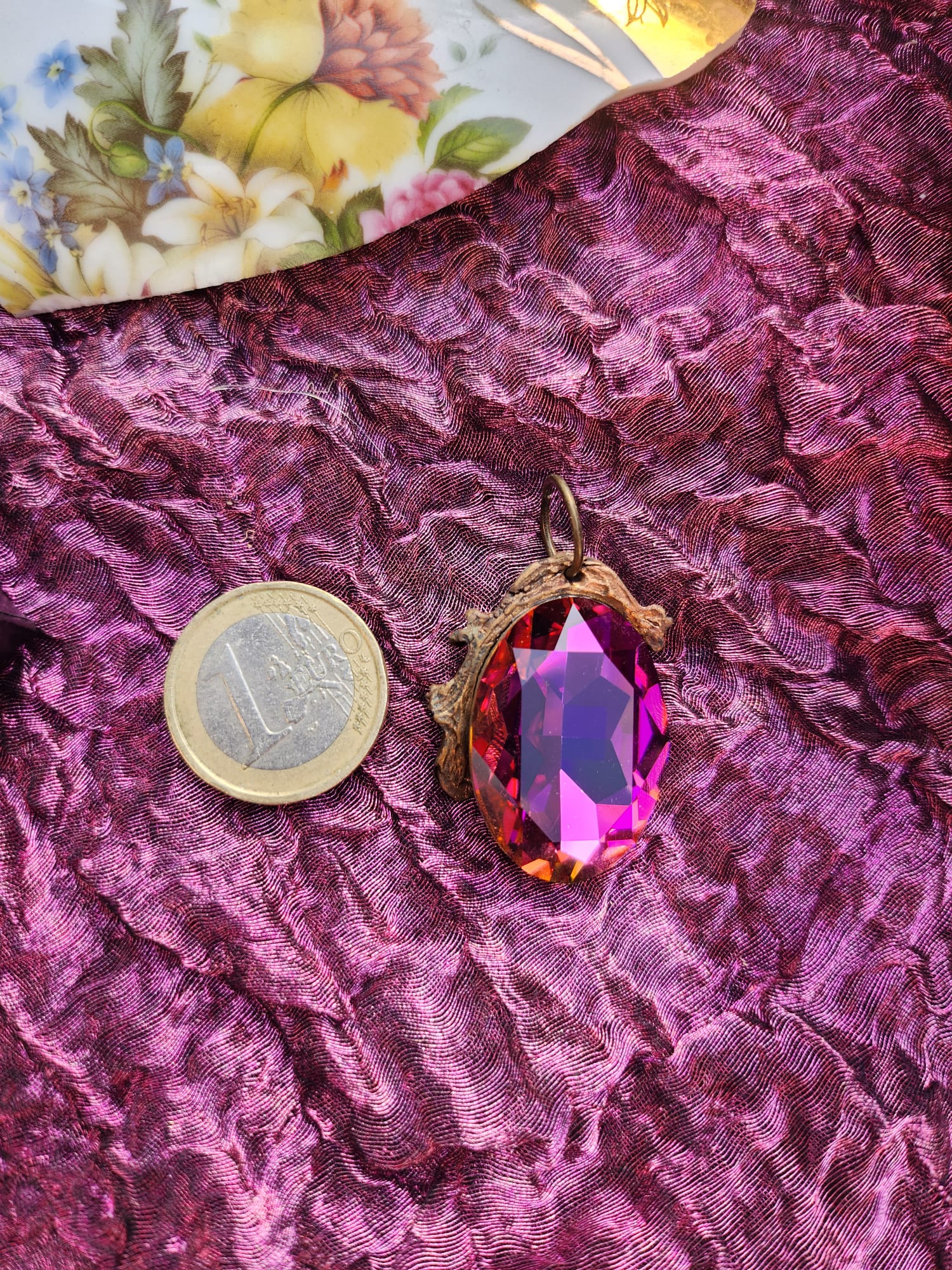 Wild Rose Flame Bronze Pendant – Fuchsia Crystal with Amber Glow – Vintage Enchanted Jewelry - Handmade Oval Pendant – Colorful Fairycore Charm