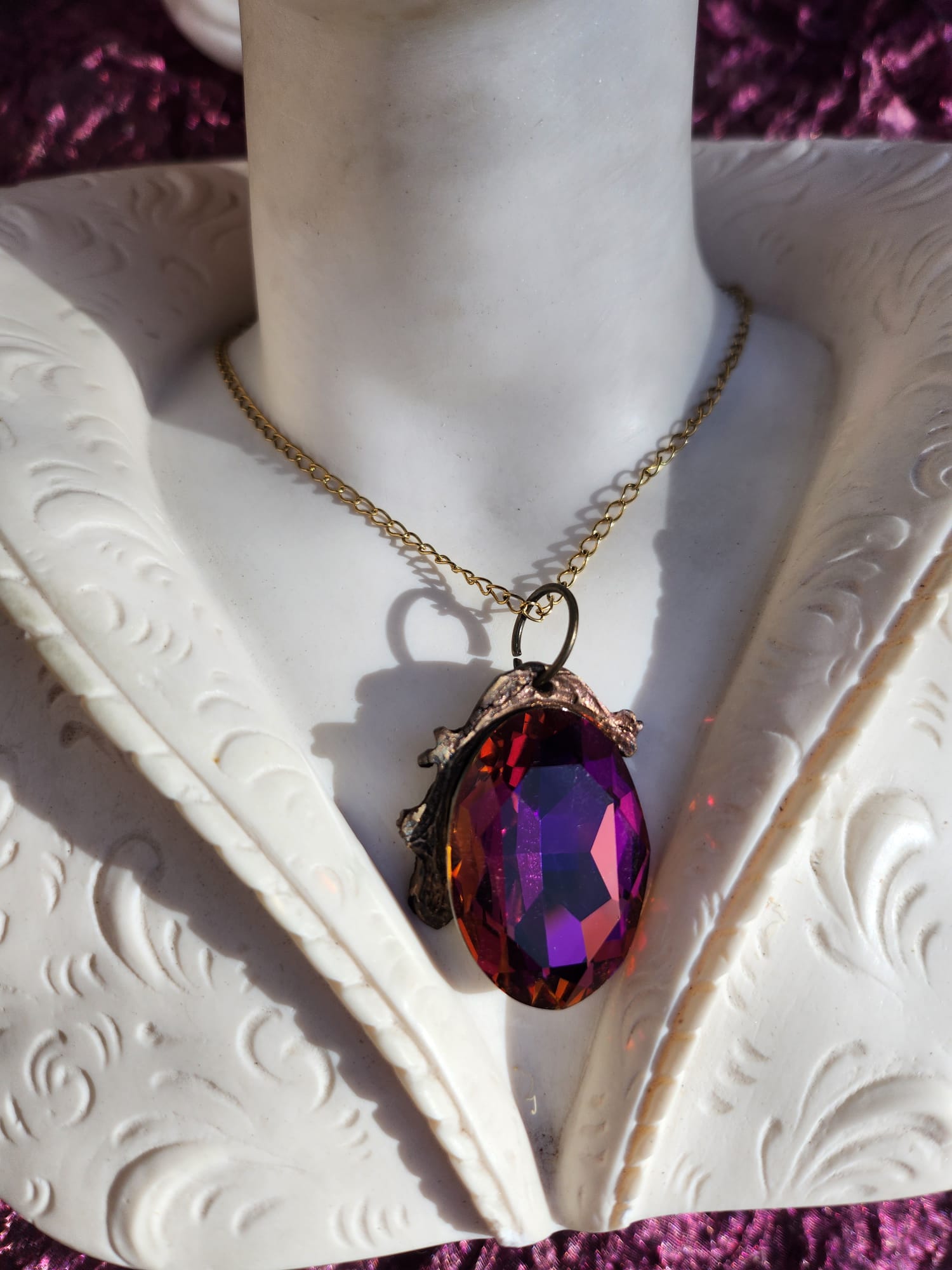 Wild Rose Flame Bronze Pendant – Fuchsia Crystal with Amber Glow – Vintage Enchanted Jewelry - Handmade Oval Pendant – Colorful Fairycore Charm