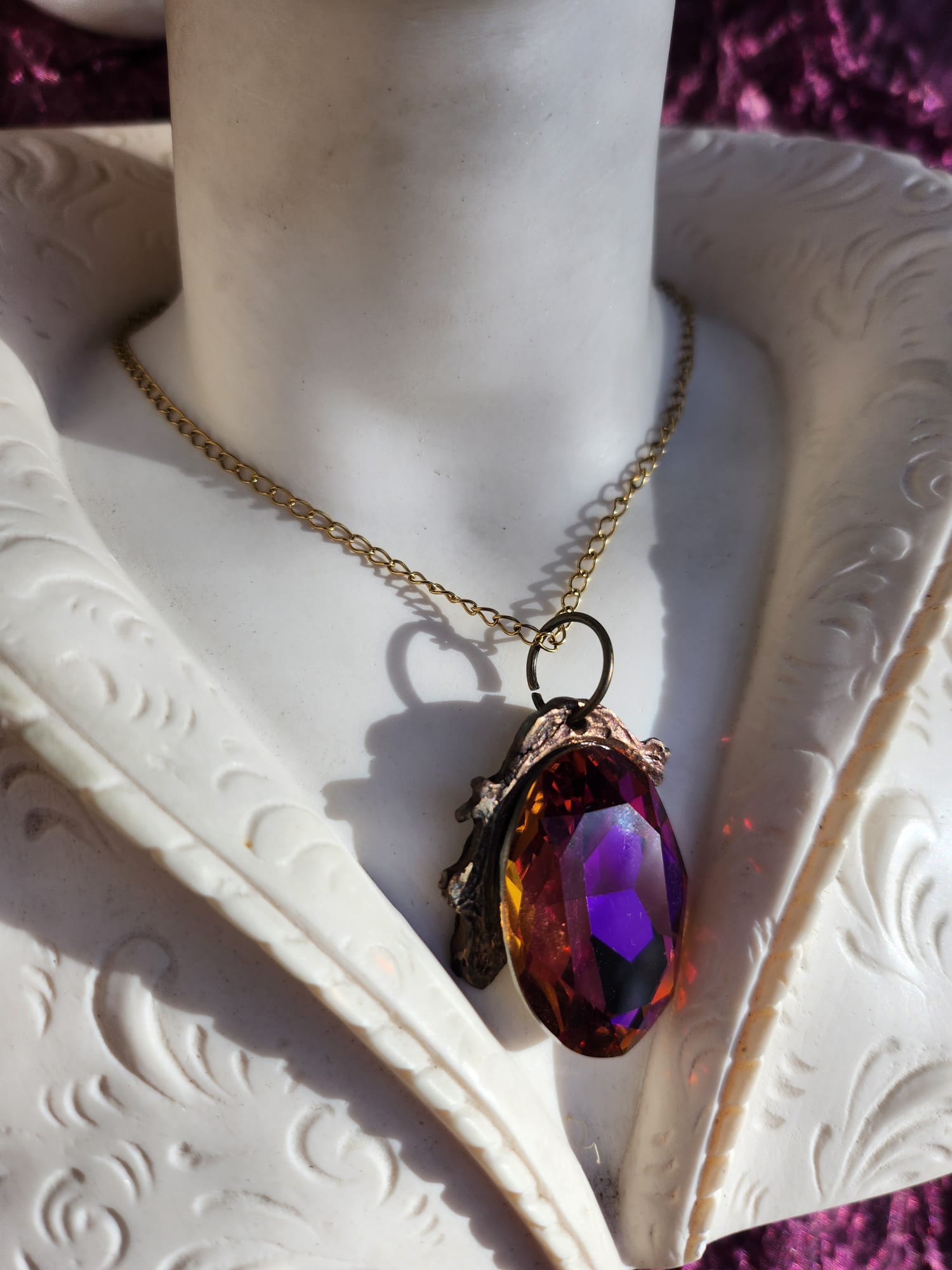 Wild Rose Flame Bronze Pendant – Fuchsia Crystal with Amber Glow – Vintage Enchanted Jewelry - Handmade Oval Pendant – Colorful Fairycore Charm