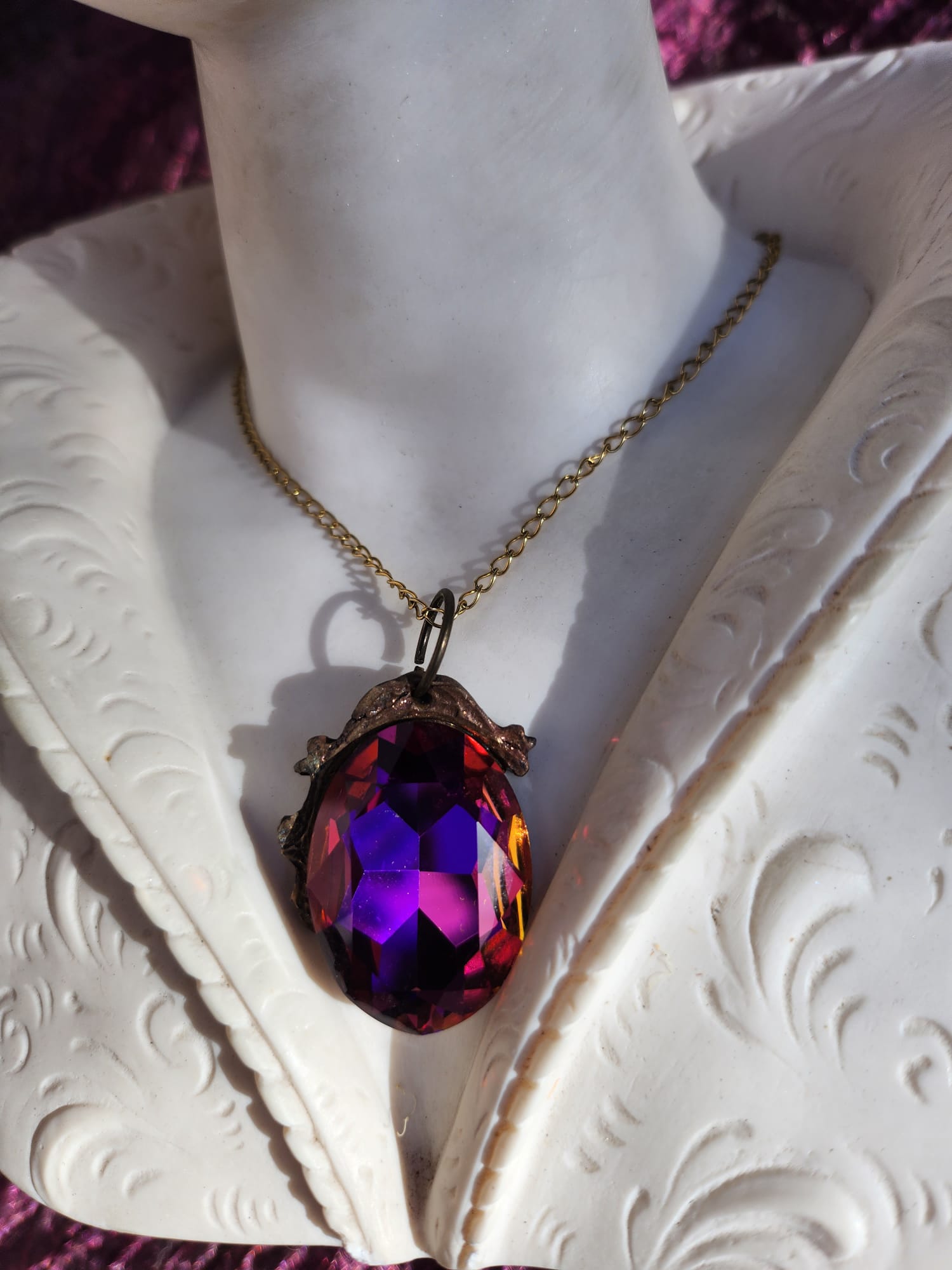 Wild Rose Flame Bronze Pendant – Fuchsia Crystal with Amber Glow – Vintage Enchanted Jewelry - Handmade Oval Pendant – Colorful Fairycore Charm
