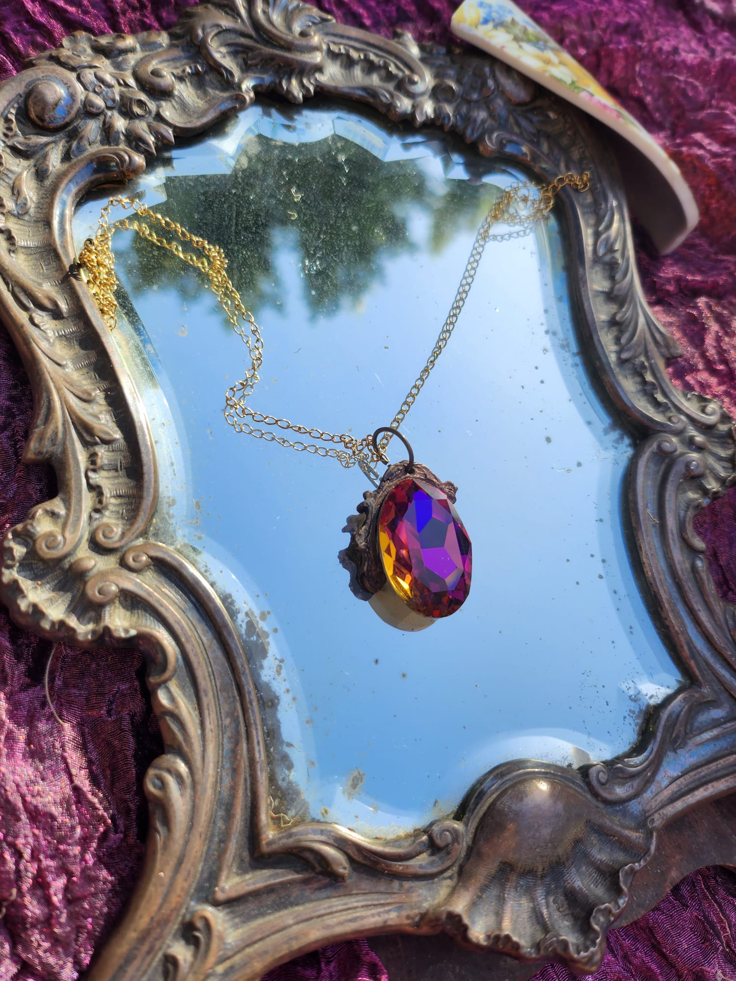 Wild Rose Flame Bronze Pendant – Fuchsia Crystal with Amber Glow – Vintage Enchanted Jewelry - Handmade Oval Pendant – Colorful Fairycore Charm