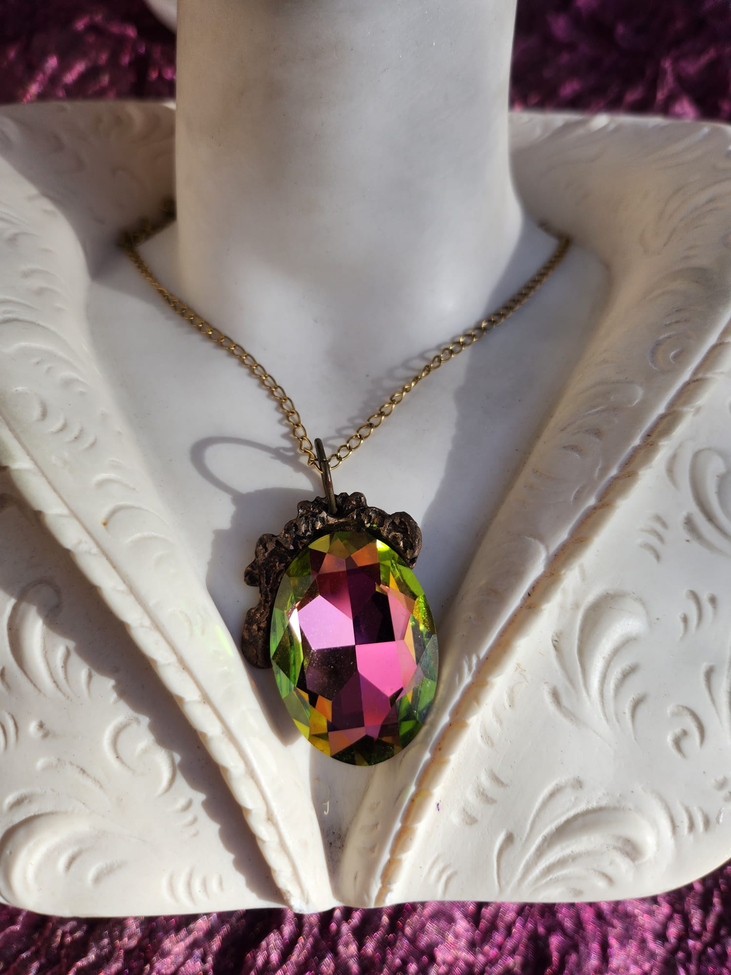 Mystic Baroque Collection – Handmade Bronze Pendant with Pink and Green Oval Crystal