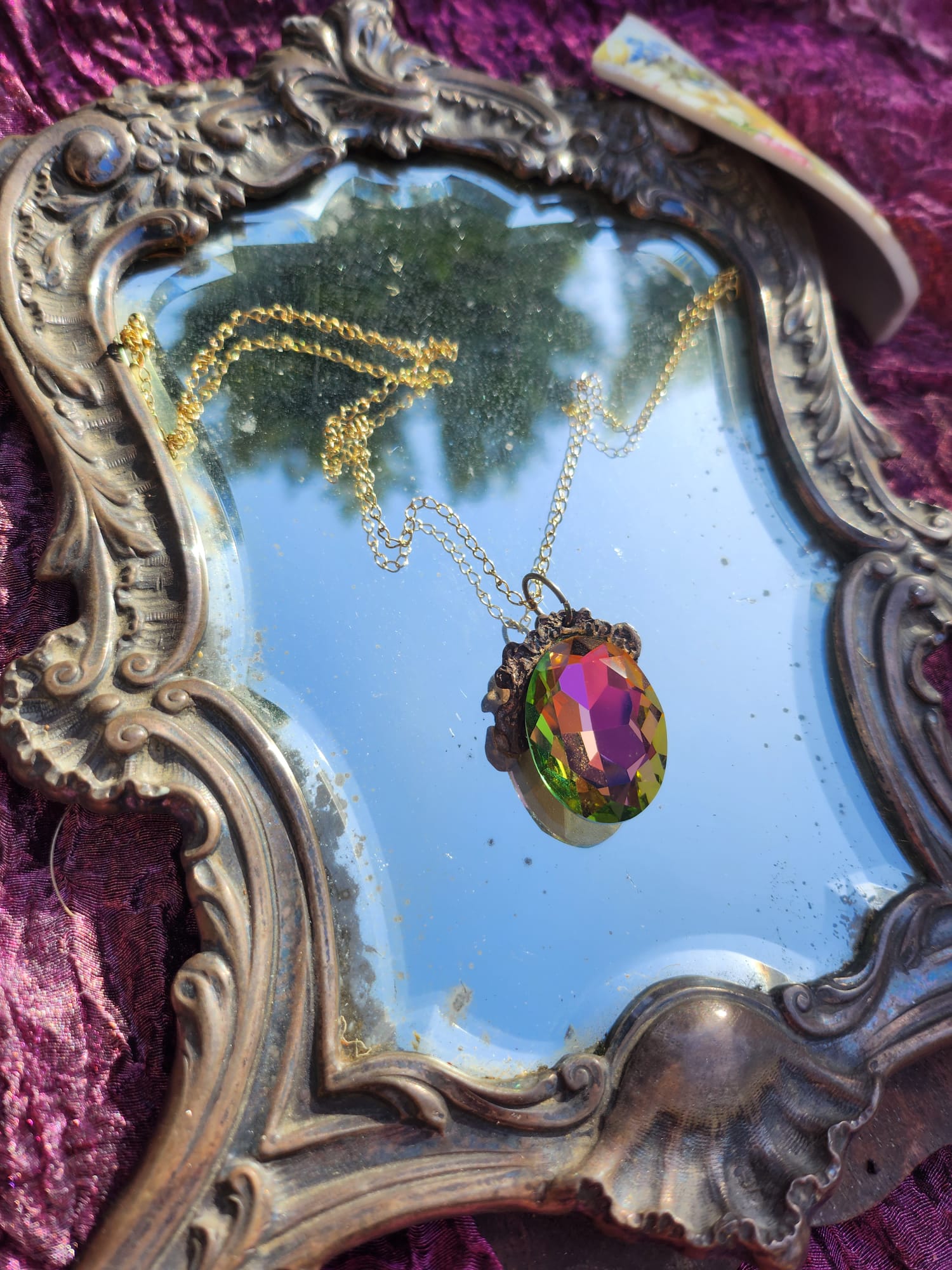 Sorcery Bloom Pendant – Watermelon Crystal in Bronze – Vintage Enchanted Jewelry - Handmade Oval Pendant – Colorful Fairycore Charm