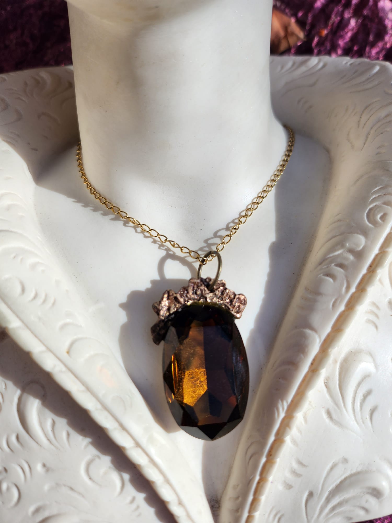 Earthcore Bronze Pendant – Deep Brown Oval Crystal – Vintage Enchanted Jewelry - Handmade Oval Pendant – Colorful Fairycore Charm