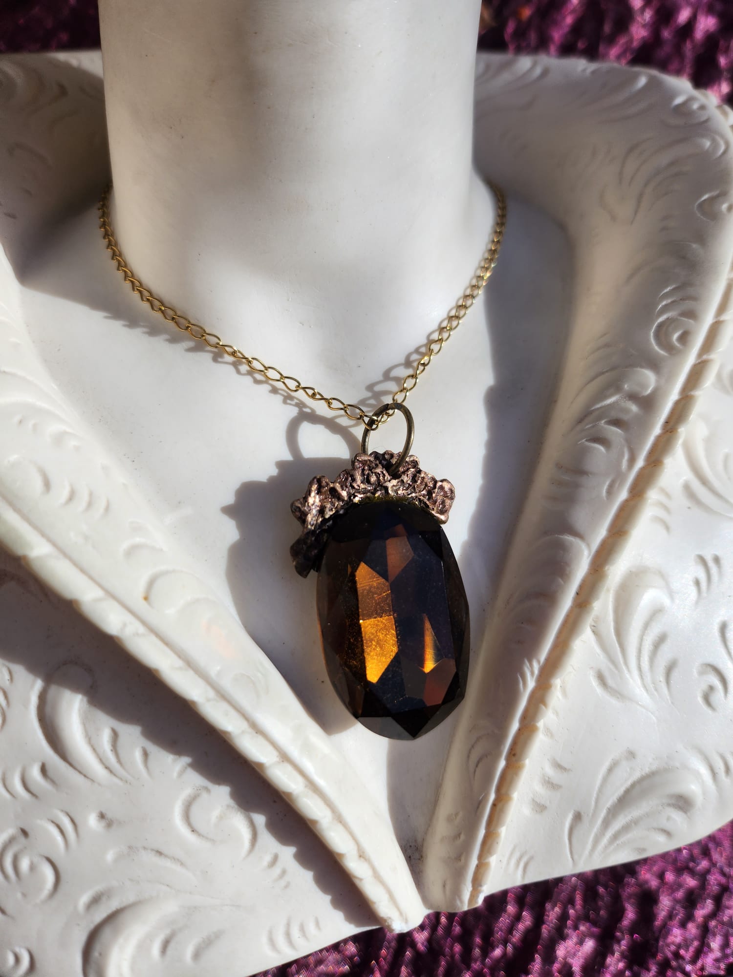 Earthcore Bronze Pendant – Deep Brown Oval Crystal – Vintage Enchanted Jewelry - Handmade Oval Pendant – Colorful Fairycore Charm