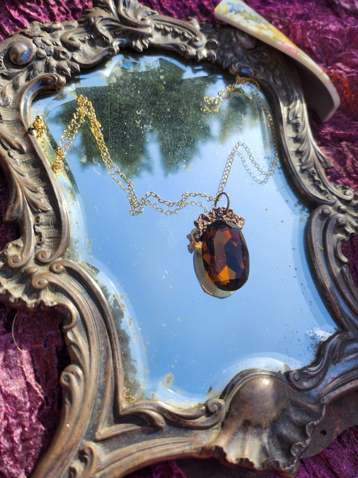 Earthcore Bronze Pendant – Deep Brown Oval Crystal – Vintage Enchanted Jewelry - Handmade Oval Pendant – Colorful Fairycore Charm