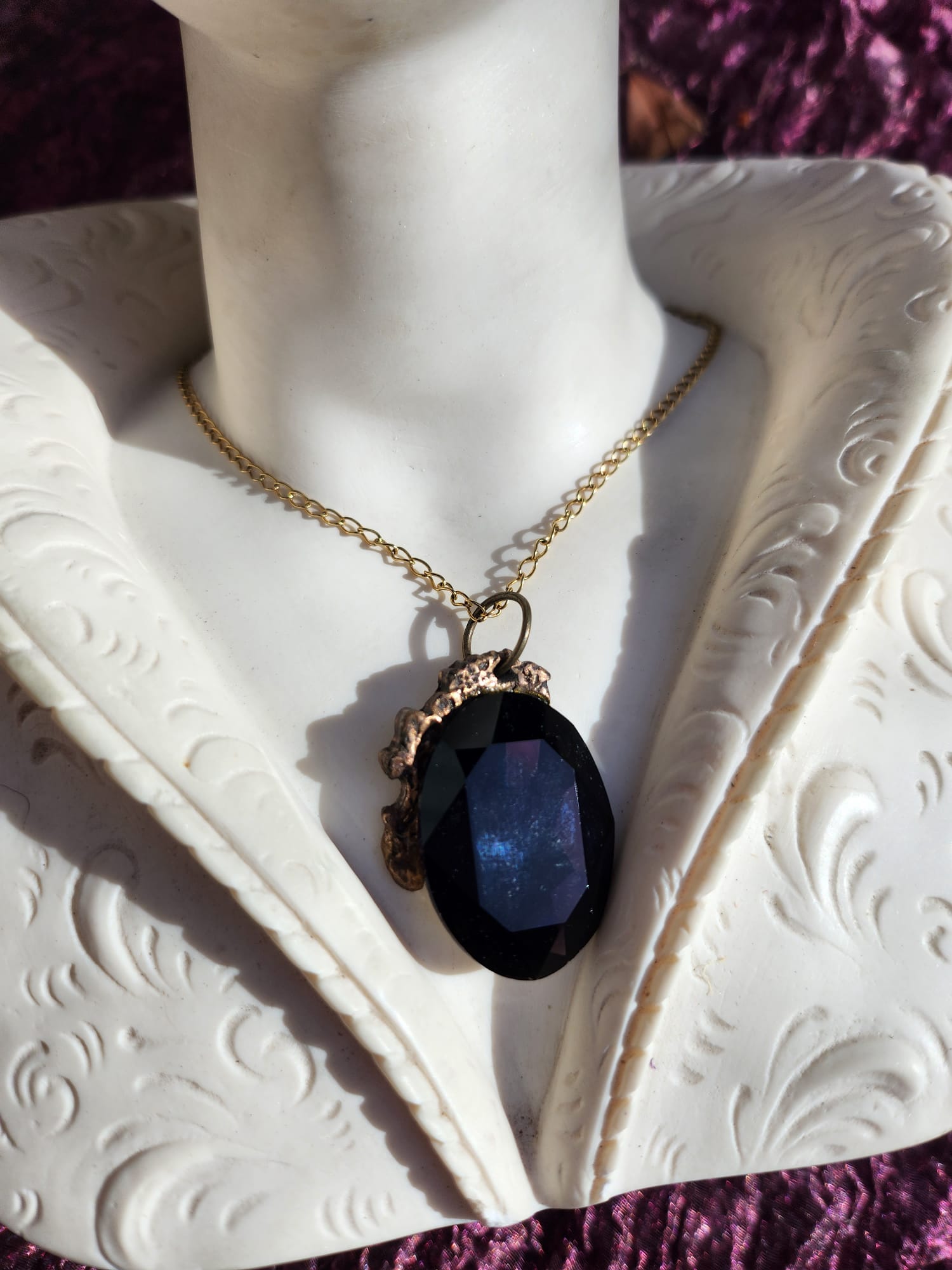 Mystic Baroque Collection – Handmade Bronze Pendant with Midnight Purple Oval Crystal