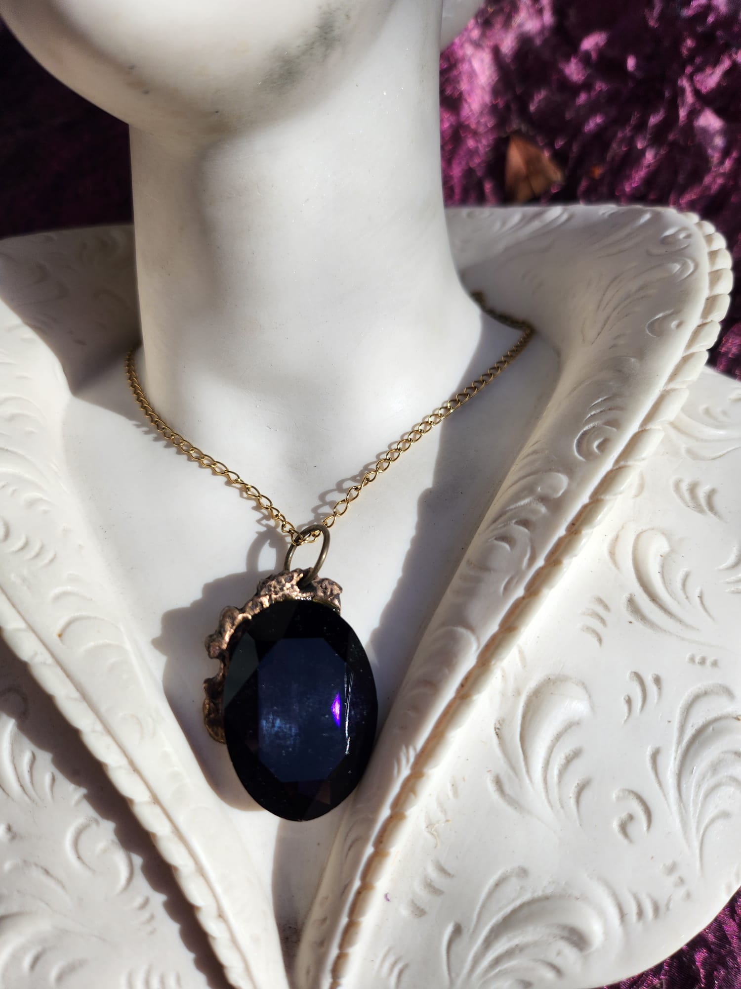 Amethyst Flame Pendant – Deep Purple Bronze Necklace – Vintage Enchanted Jewelry - Handmade Oval Pendant – Colorful Fairycore Charm