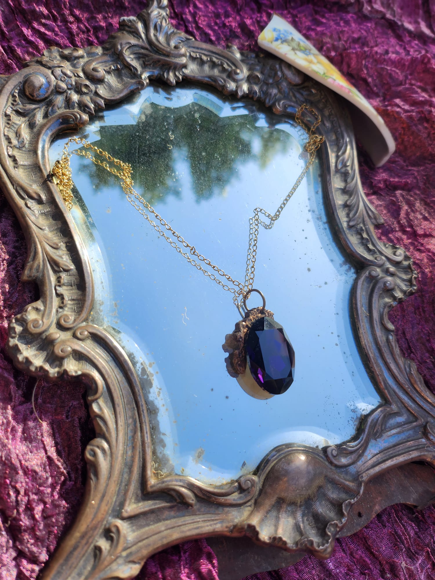 Amethyst Flame Pendant – Deep Purple Bronze Necklace – Vintage Enchanted Jewelry - Handmade Oval Pendant – Colorful Fairycore Charm