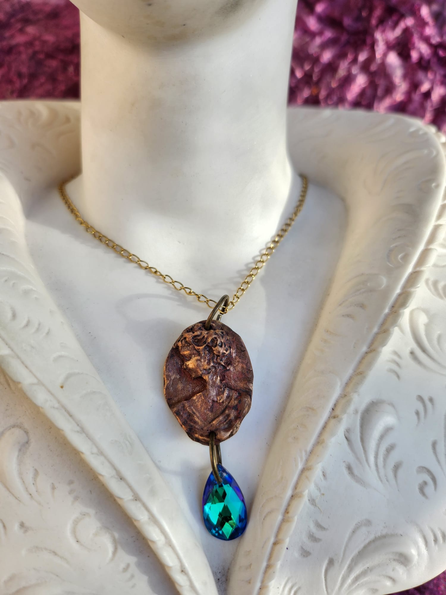 Roman Bronze Medallion Necklace – Ocean Blue Crystal Drop – Enchanted Amulet