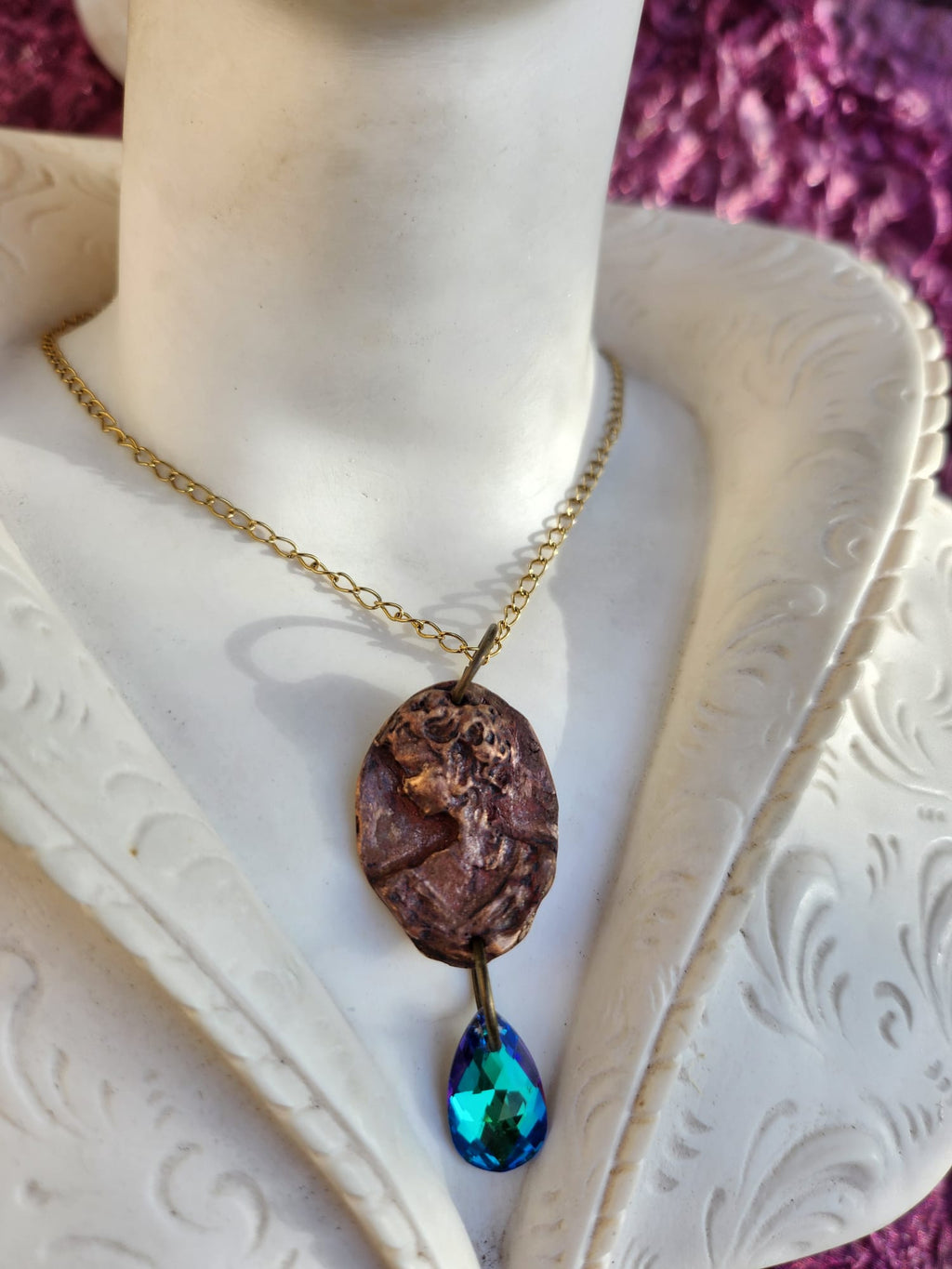 Roman Bronze Medallion Necklace – Ocean Blue Crystal Drop – Enchanted Amulet