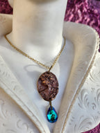 Roman Bronze Medallion Necklace – Ocean Blue Crystal Drop – Enchanted Amulet