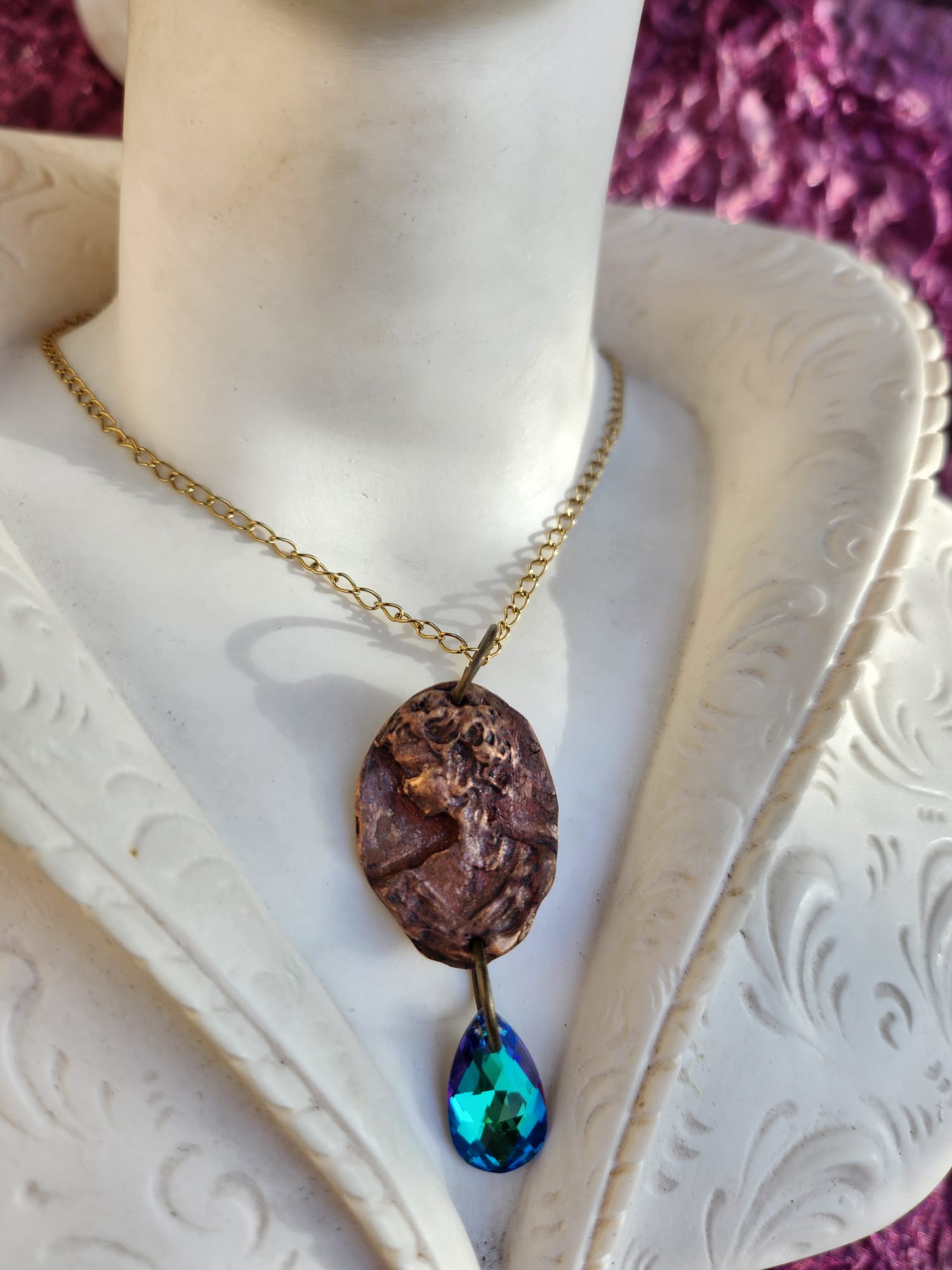 Roman Bronze Medallion Necklace – Ocean Blue Crystal Drop – Enchanted Amulet