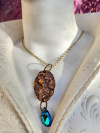 Roman Bronze Medallion Necklace – Ocean Blue Crystal Drop – Enchanted Amulet
