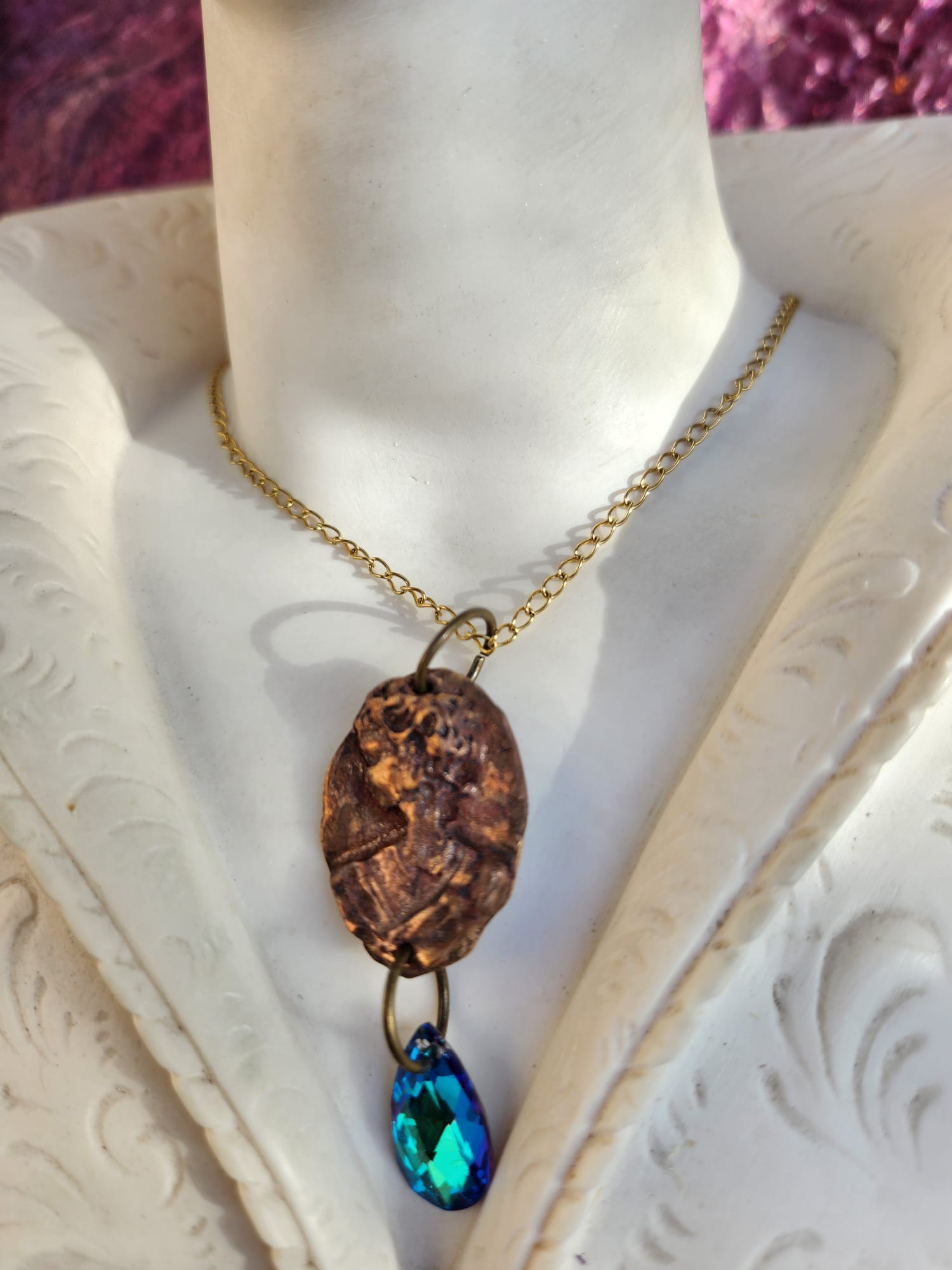 Roman Bronze Medallion Necklace – Ocean Blue Crystal Drop – Enchanted Amulet
