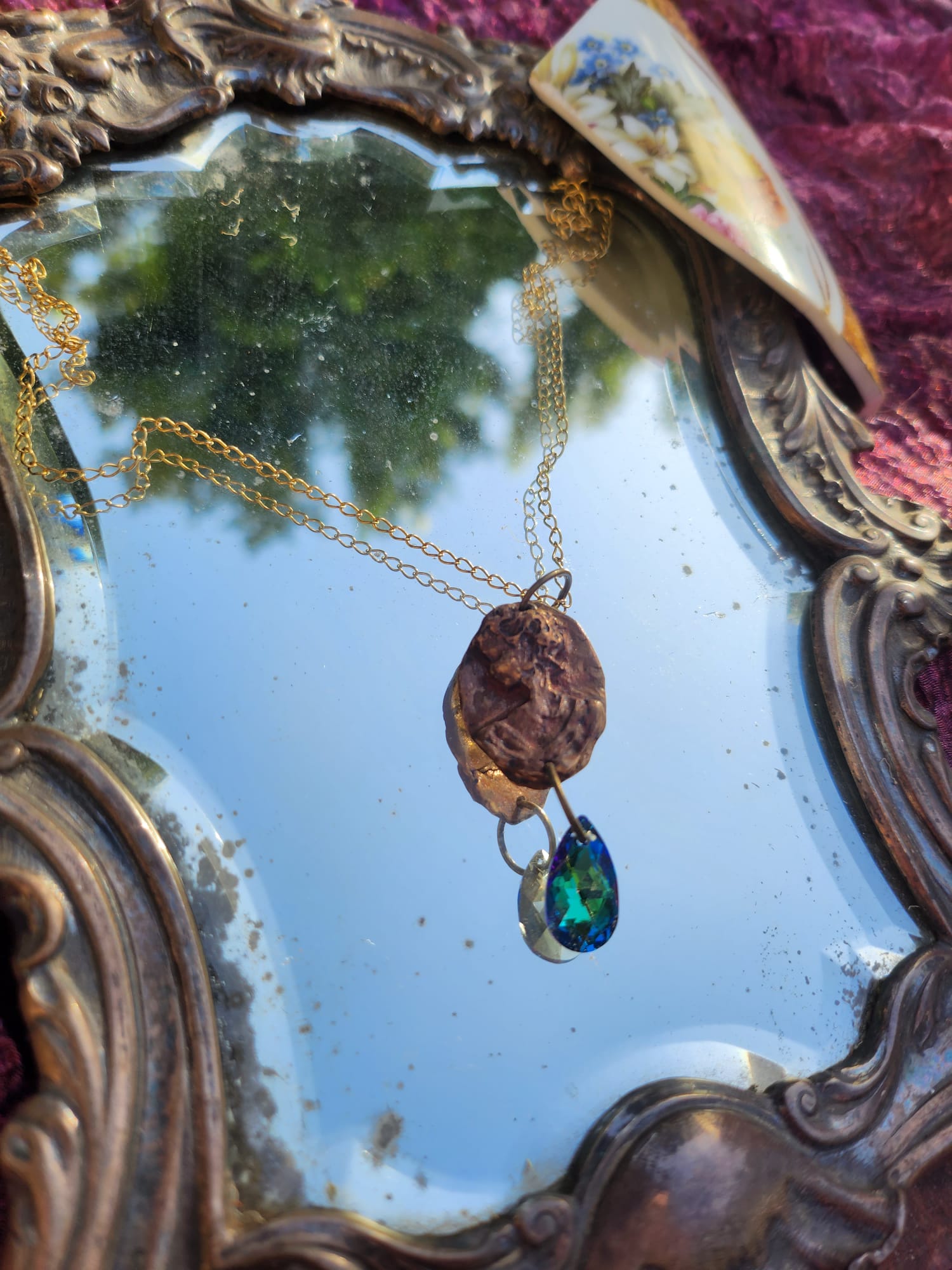 Roman Bronze Medallion Necklace – Ocean Blue Crystal Drop – Enchanted Amulet
