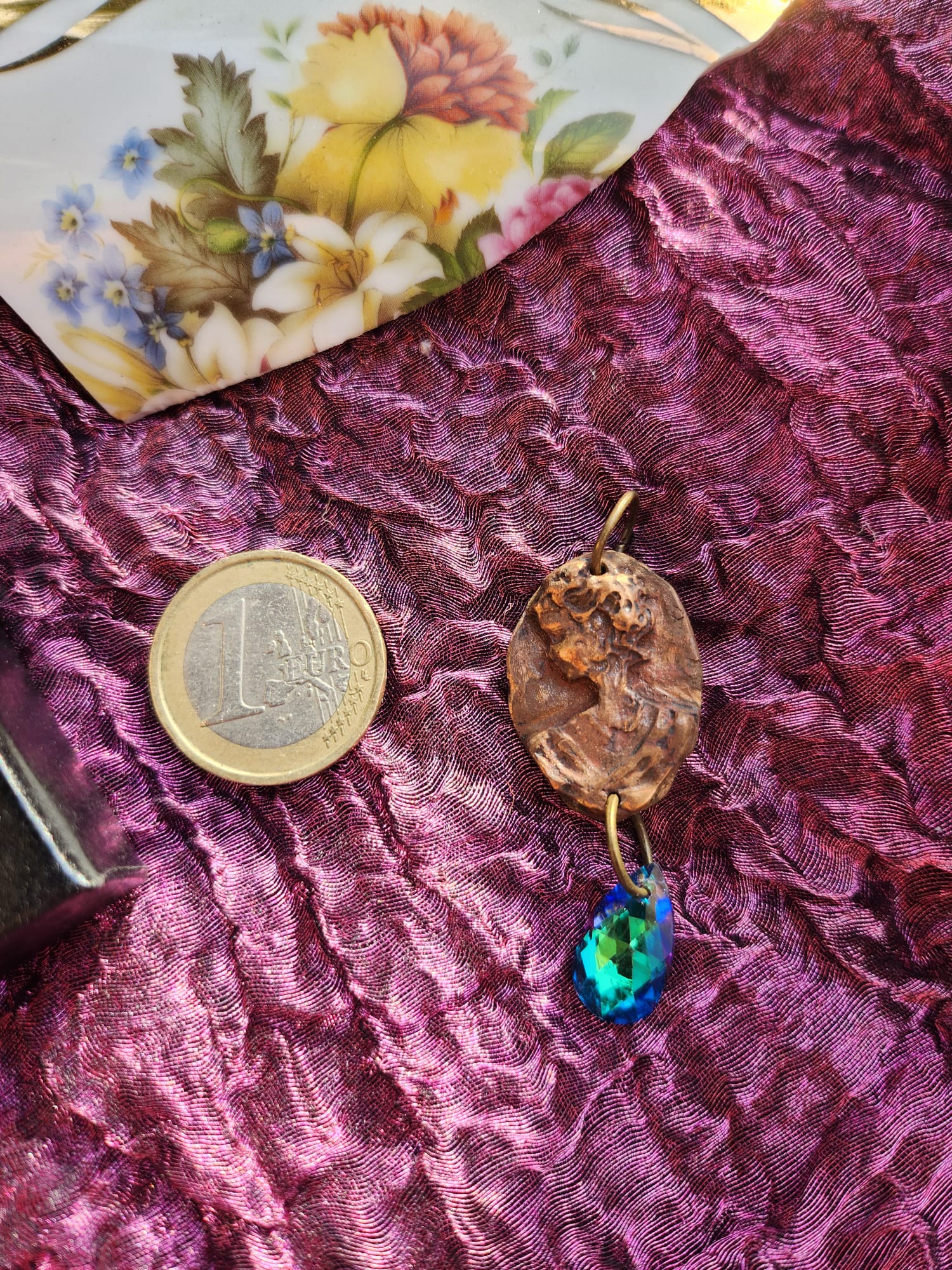 Roman Bronze Medallion Necklace – Ocean Blue Crystal Drop – Enchanted Amulet