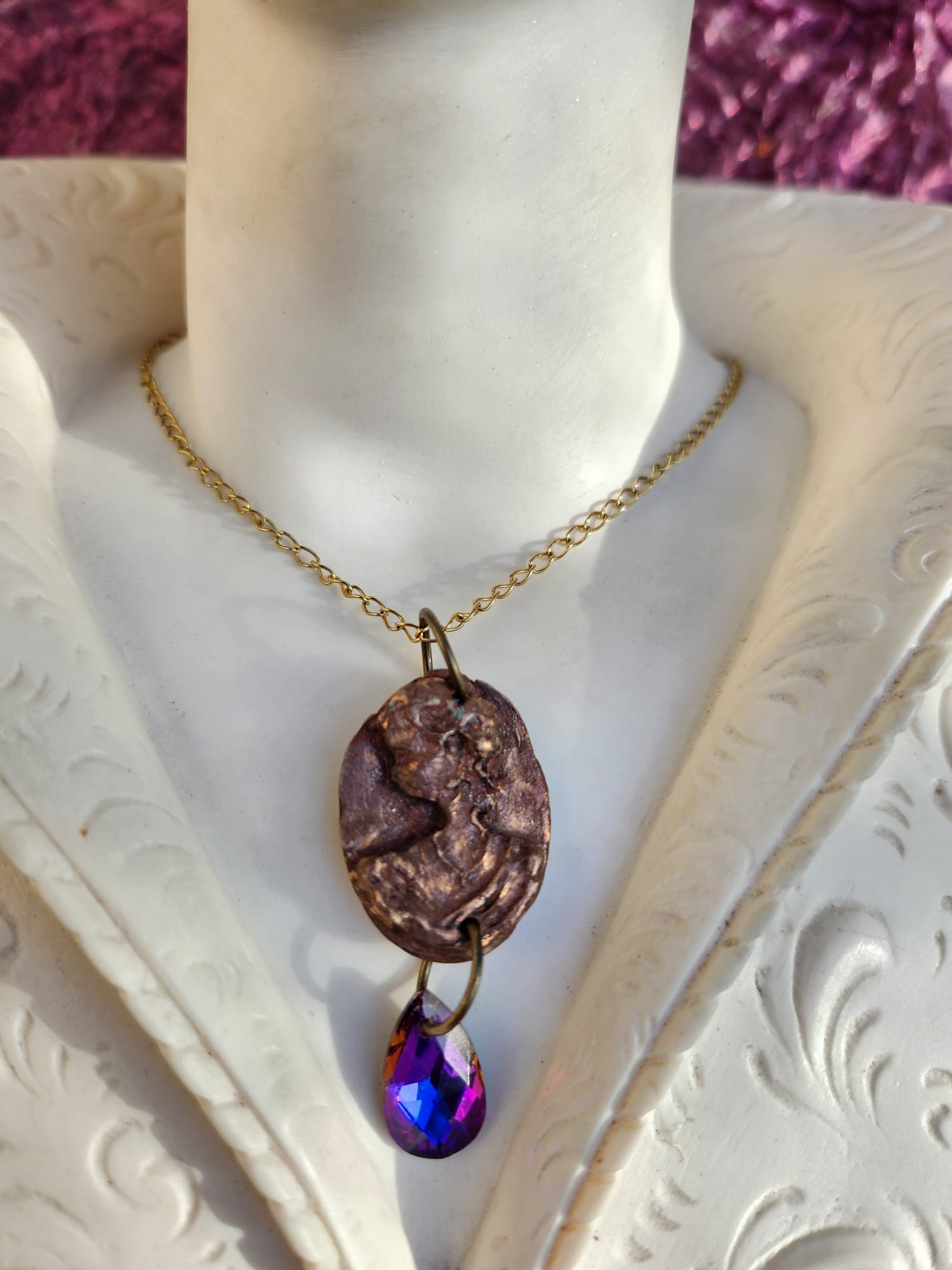 Roman Bronze Medallion Necklace – Fuchsia Flame Crystal Drop – Enchanted Amulet
