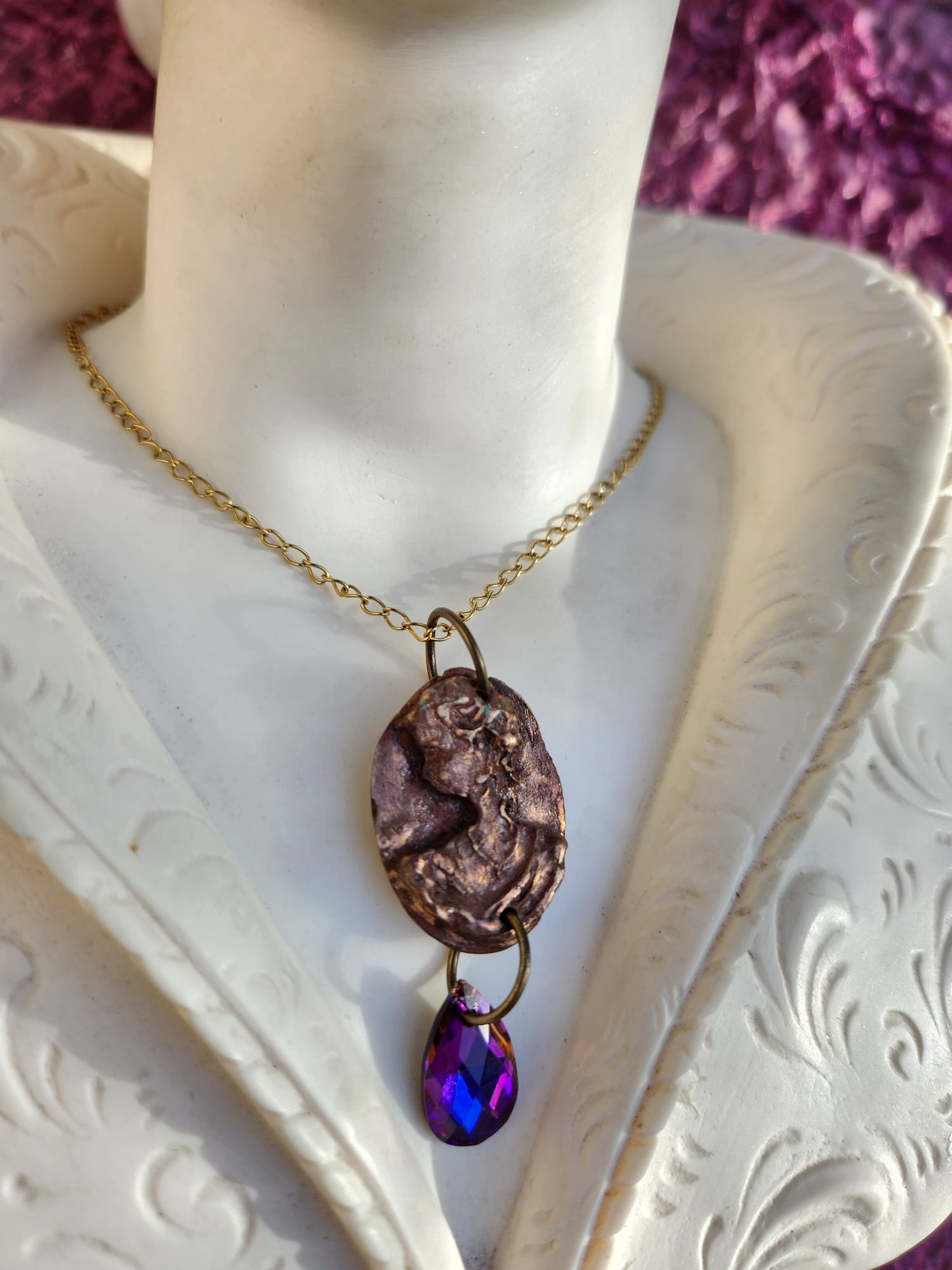 Roman Bronze Medallion Necklace – Fuchsia Flame Crystal Drop – Enchanted Amulet