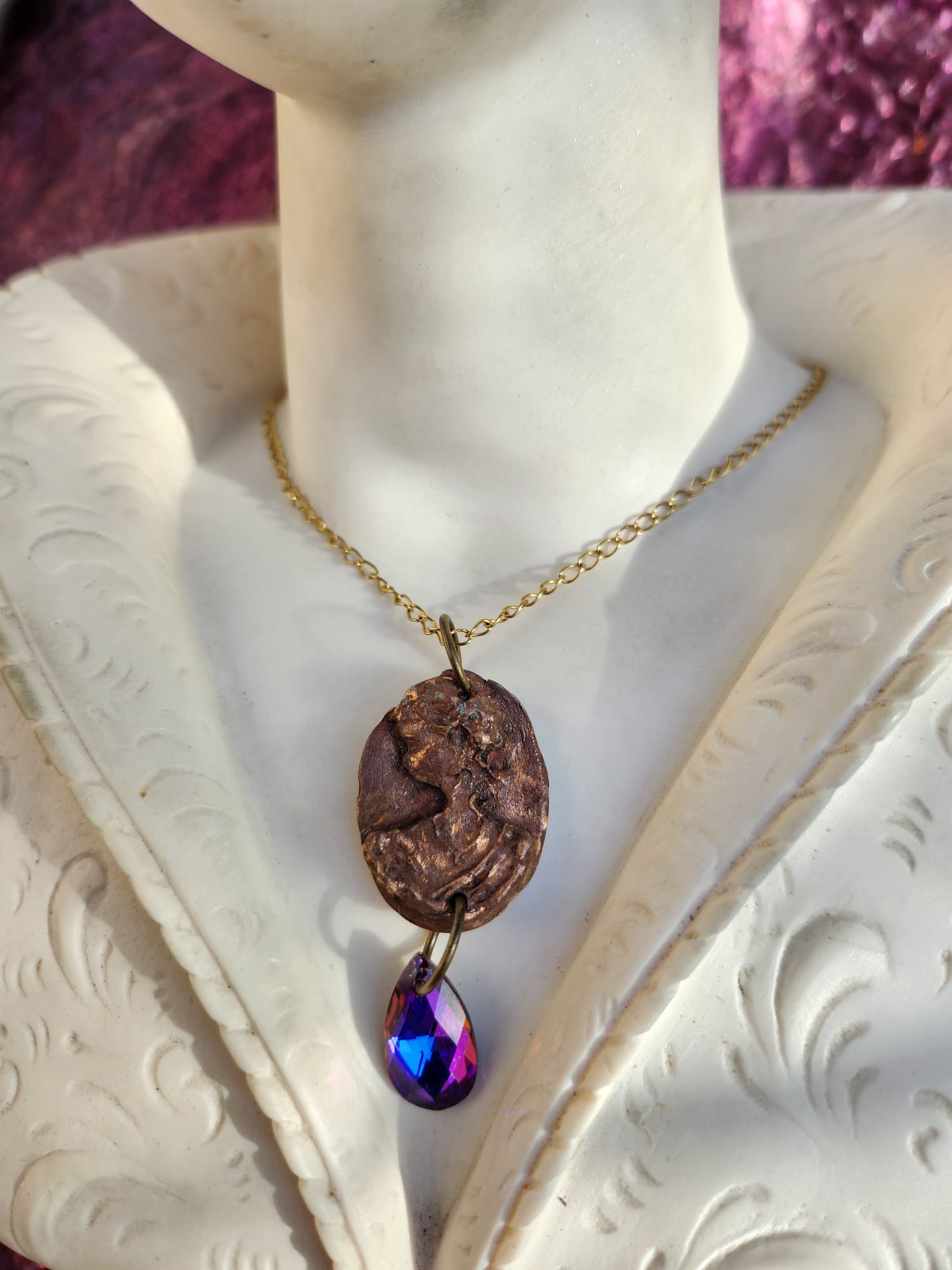 Roman Bronze Medallion Necklace – Fuchsia Flame Crystal Drop – Enchanted Amulet
