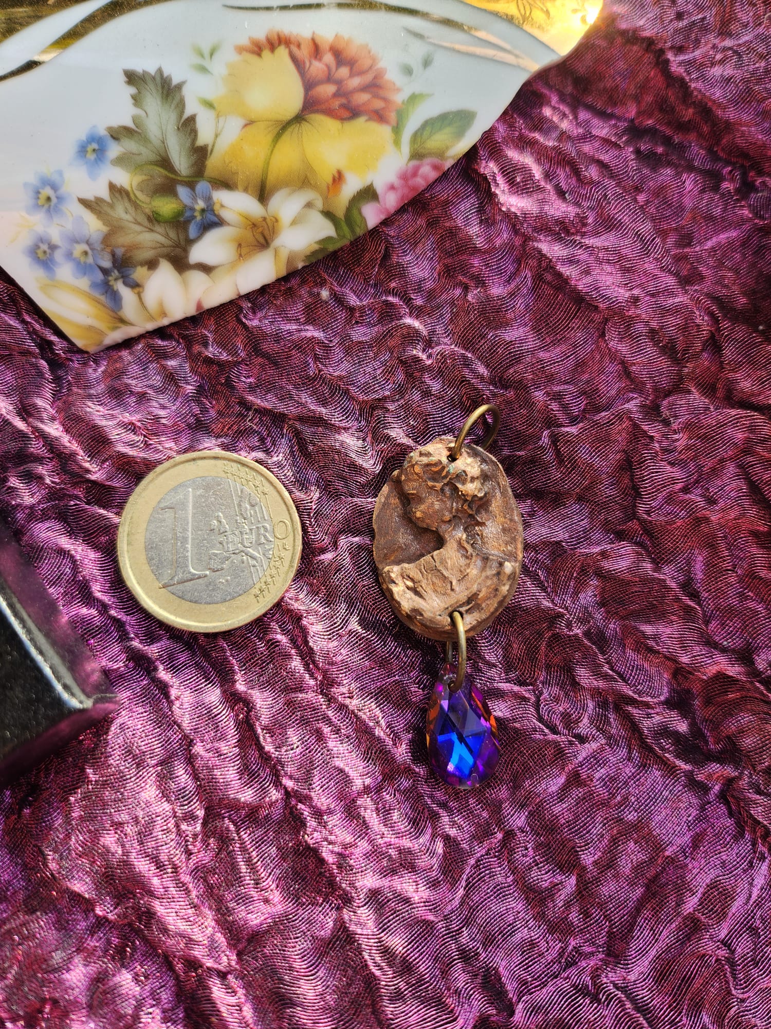 Roman Bronze Medallion Necklace – Fuchsia Flame Crystal Drop – Enchanted Amulet