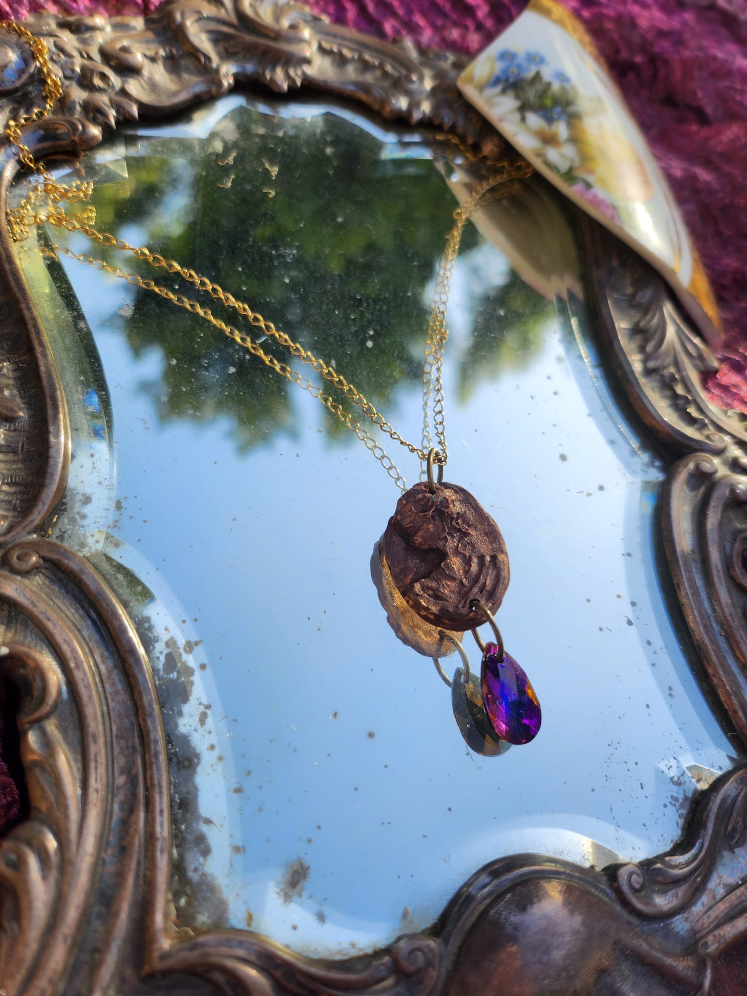 Roman Bronze Medallion Necklace – Fuchsia Flame Crystal Drop – Enchanted Amulet