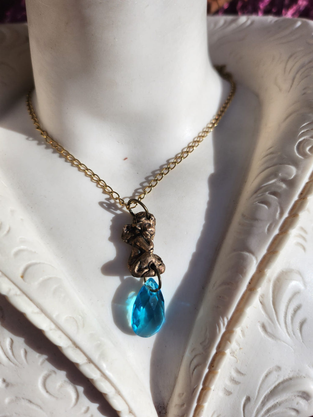 Echoes of Heaven – Bronze Angel Pendant with Sky Blue Crystal - Angelcore Gift – Celestial Spiritual Charm - Guardian Angel Necklace