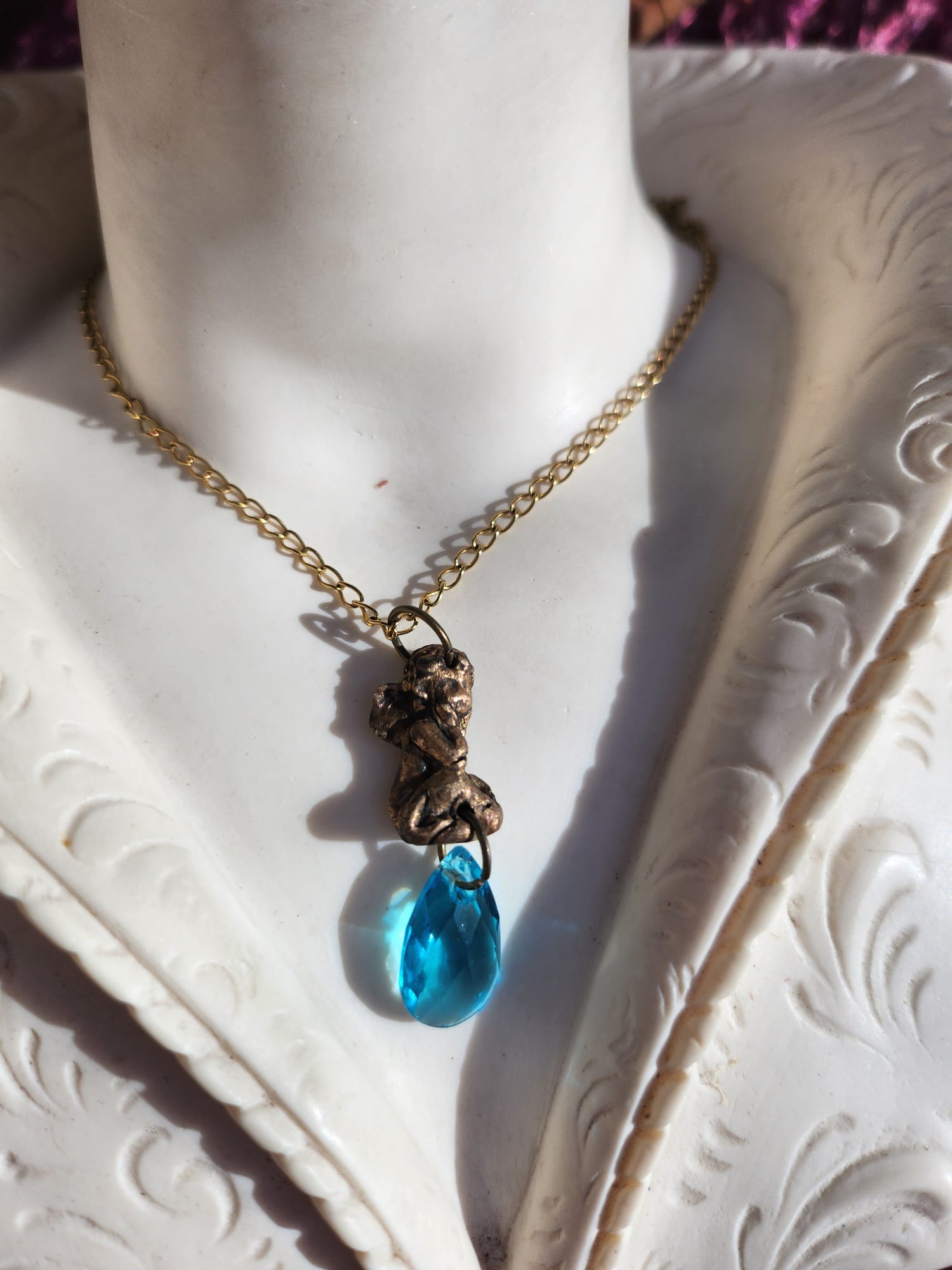 Echoes of Heaven Collection - Handmade Bronze Angel Pendant with Sky Blue Crystal