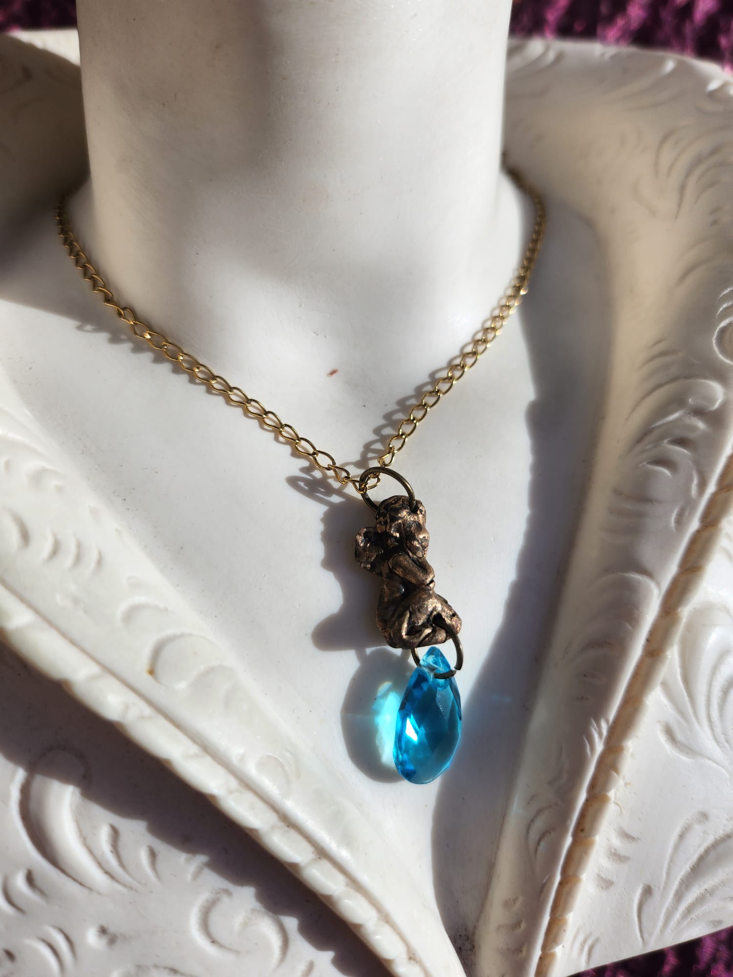 Echoes of Heaven Collection - Handmade Bronze Angel Pendant with Sky Blue Crystal