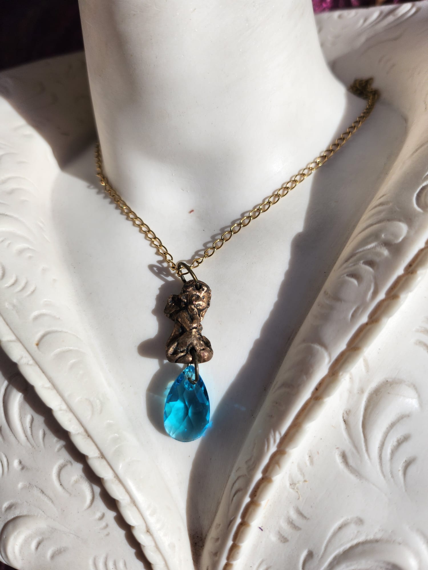 Echoes of Heaven Collection - Handmade Bronze Angel Pendant with Sky Blue Crystal