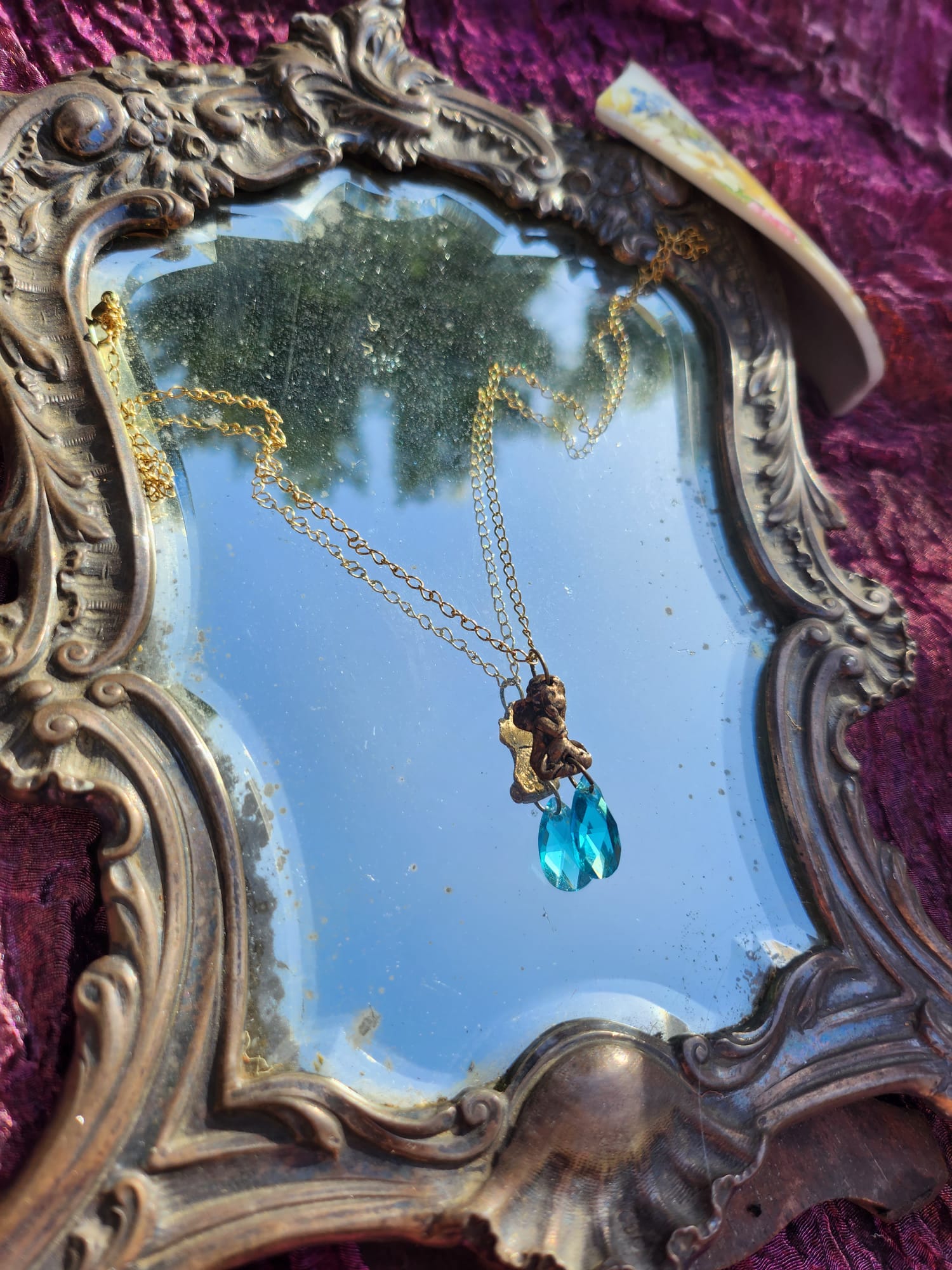 Echoes of Heaven – Bronze Angel Pendant with Sky Blue Crystal - Angelcore Gift – Celestial Spiritual Charm - Guardian Angel Necklace