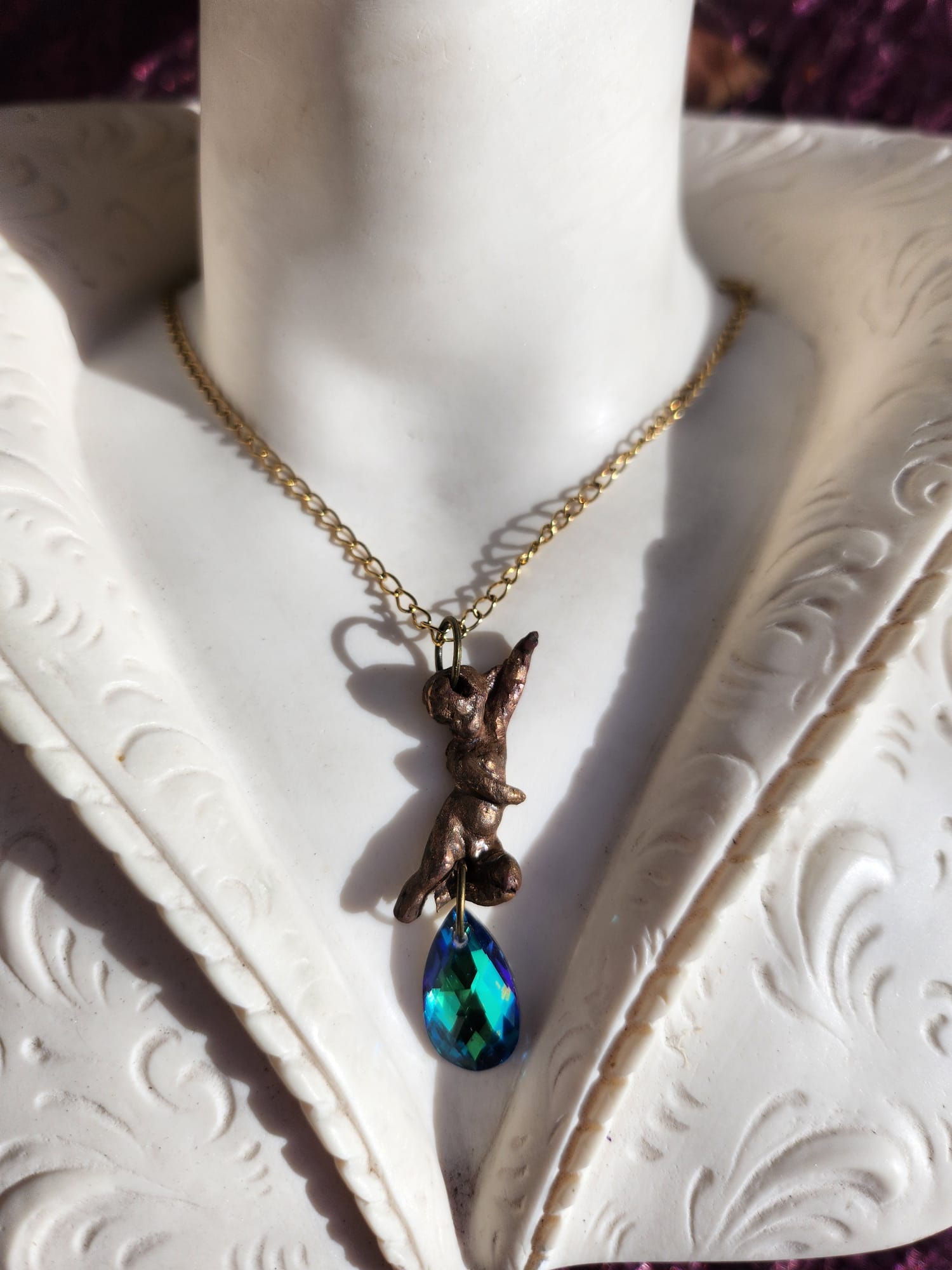 Echoes of Heaven Collection - Handmade Bronze Angel Pendant with Emerald Aurora Crystal