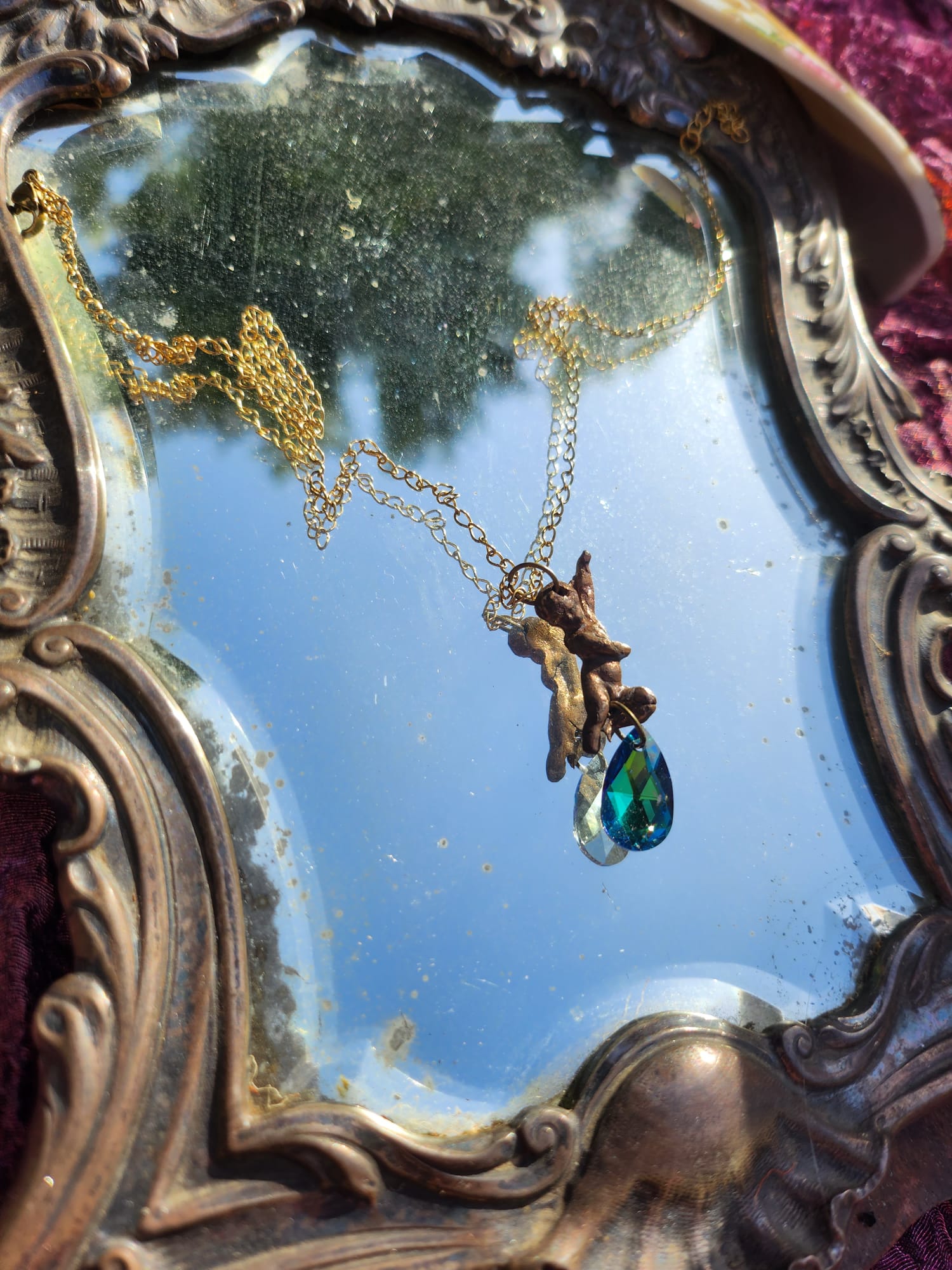 Echoes of Heaven Collection - Handmade Bronze Angel Pendant with Emerald Aurora Crystal