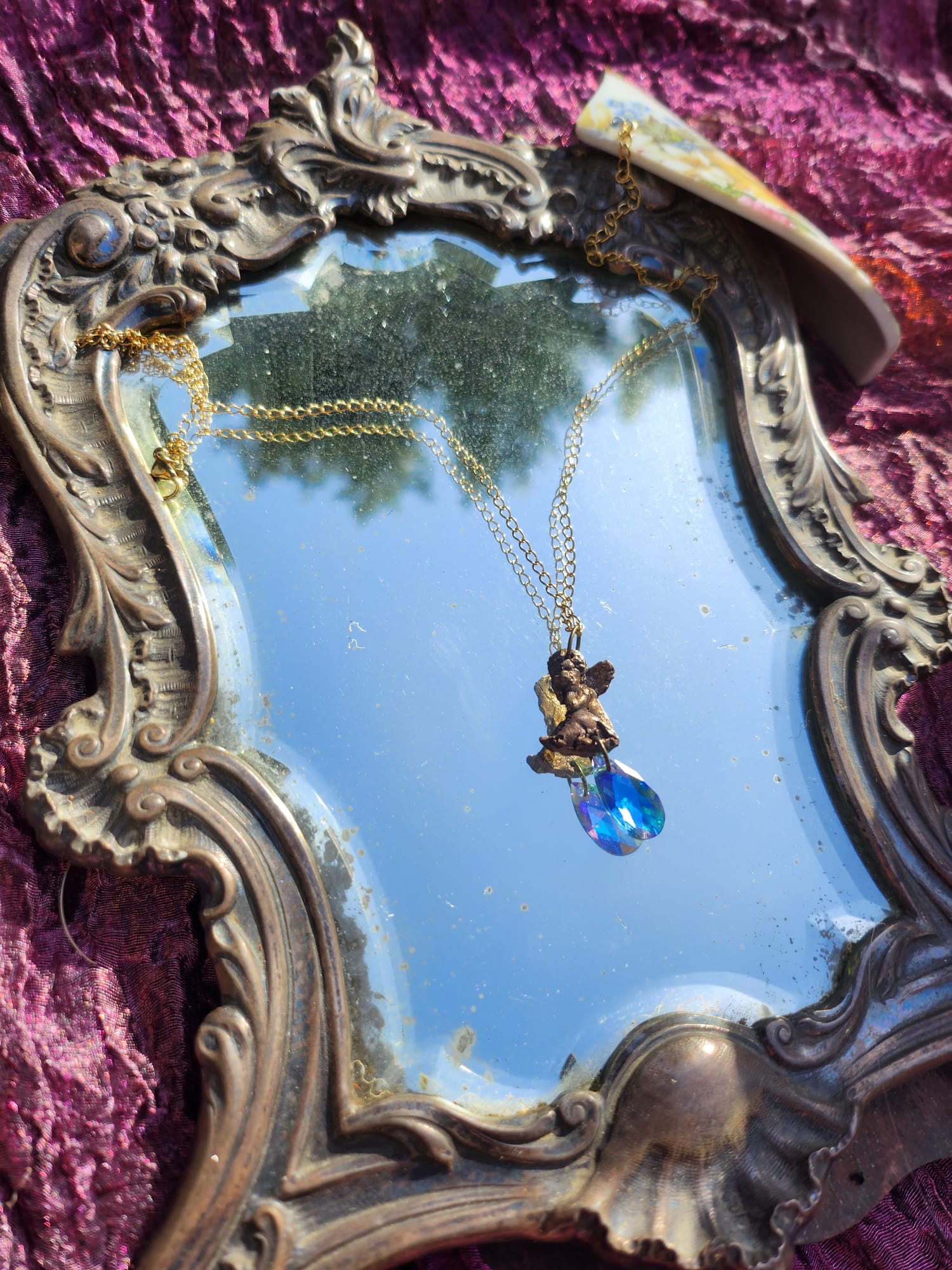 Echoes of Heaven Collection - Handmade Bronze Angel Pendant with Blue Crystal