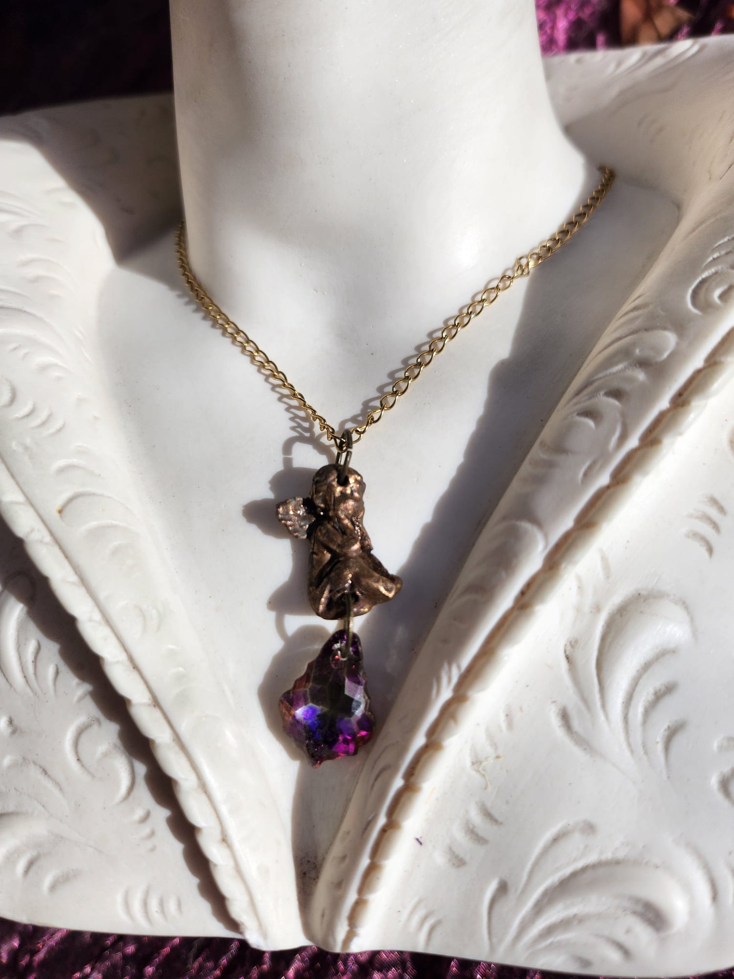 Echoes of Heaven - Bronze Angel with Fuchsia Aurora Crystal - Angelcore Gift – Celestial Spiritual Charm - Guardian Angel Necklace