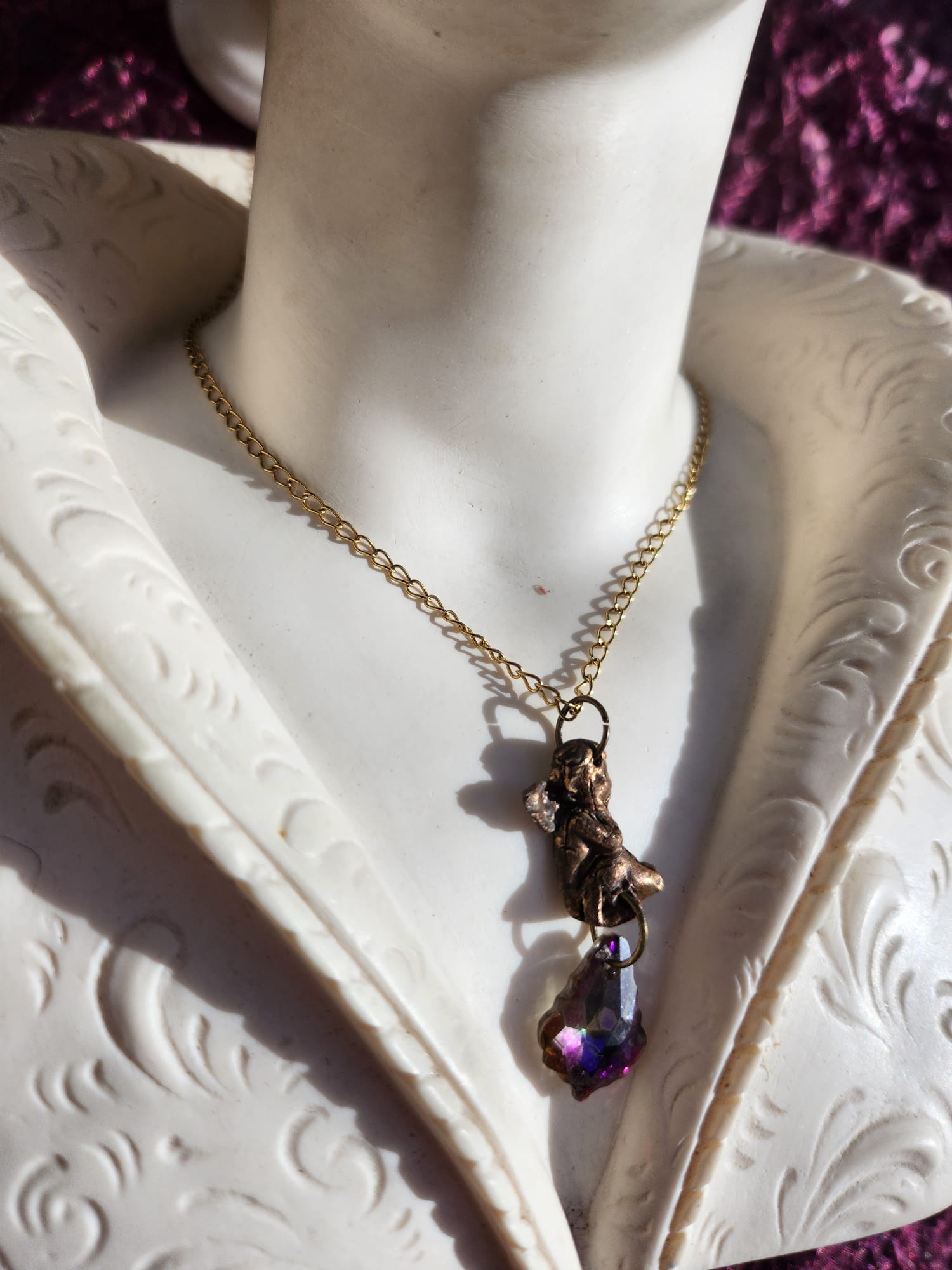 Echoes of Heaven Collection - Handmade Bronze Angel Pendant with Fuchsia Crystal