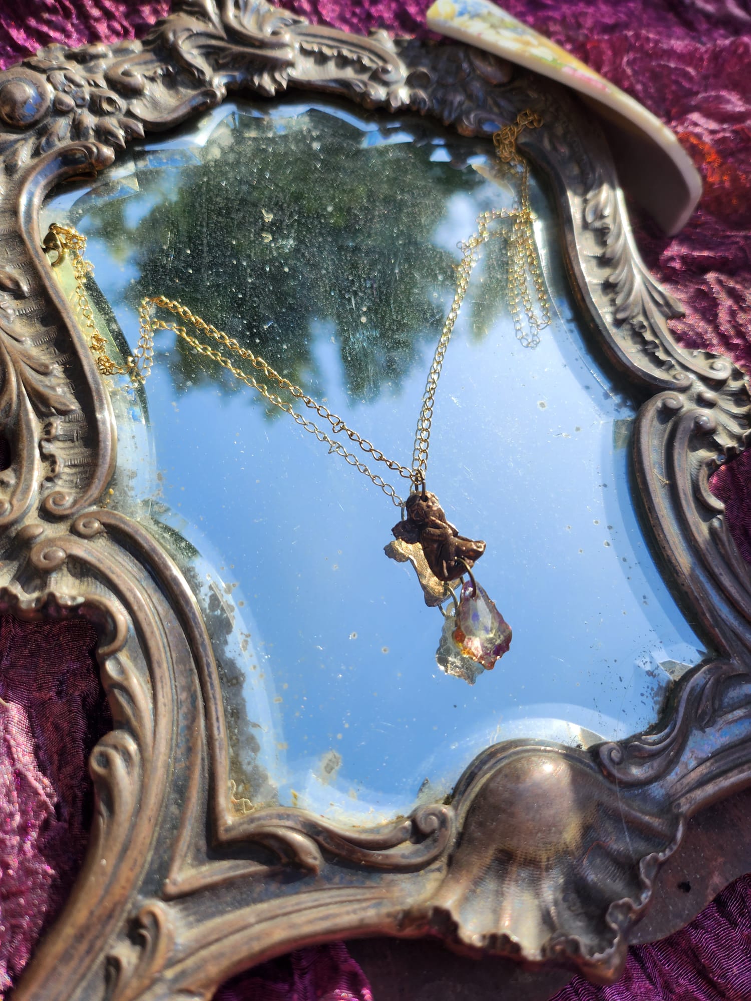 Echoes of Heaven Collection - Handmade Bronze Angel Pendant with Fuchsia Crystal