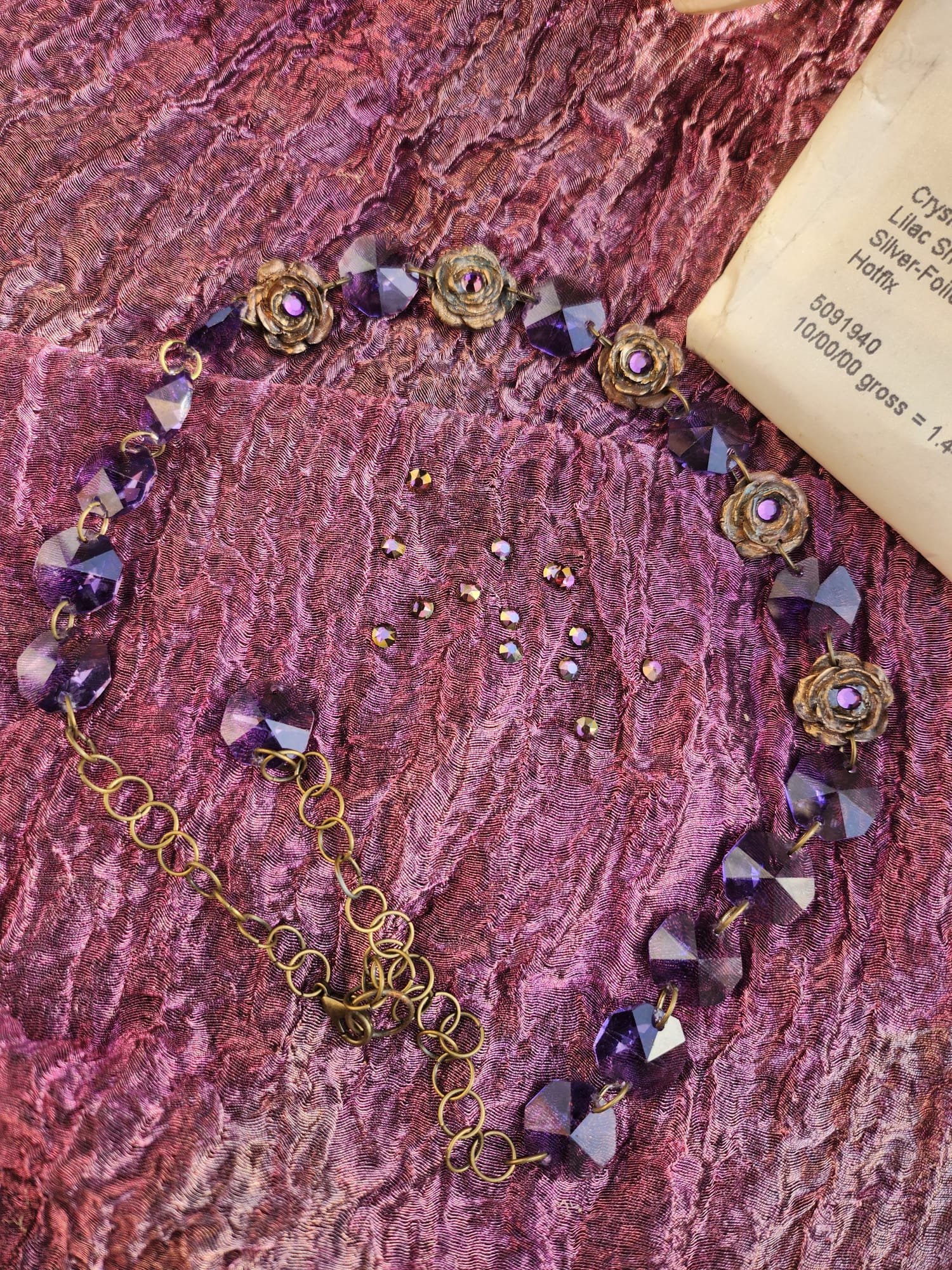 Handmade Bronze Necklace with Purple Crystals & Floral Accents – One-of-a-Kind Vintage-Inspired Jewelry
