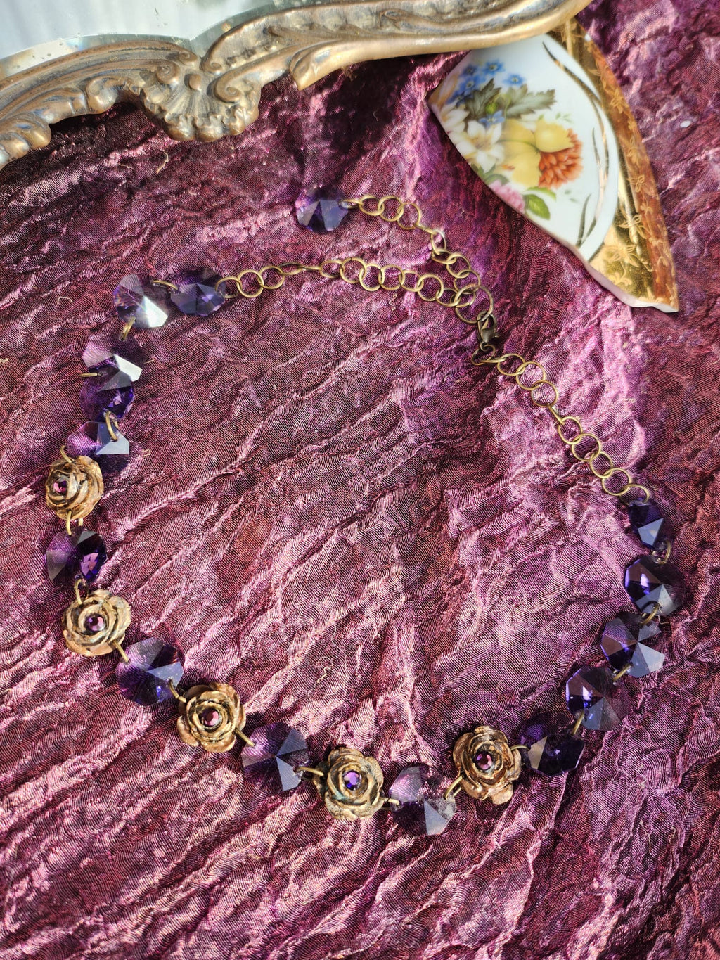 Handmade Bronze Necklace with Purple Crystals & Floral Accents – One-of-a-Kind Vintage-Inspired Jewelry