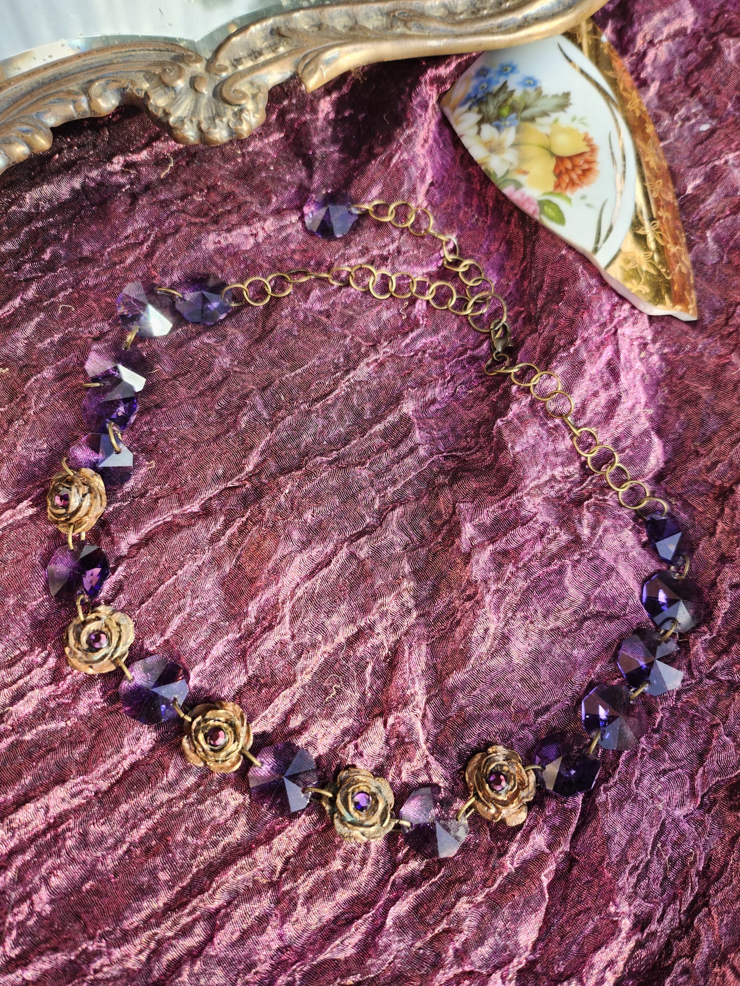 Handmade Bronze Necklace with Purple Crystals & Floral Accents – One-of-a-Kind Vintage-Inspired Jewelry