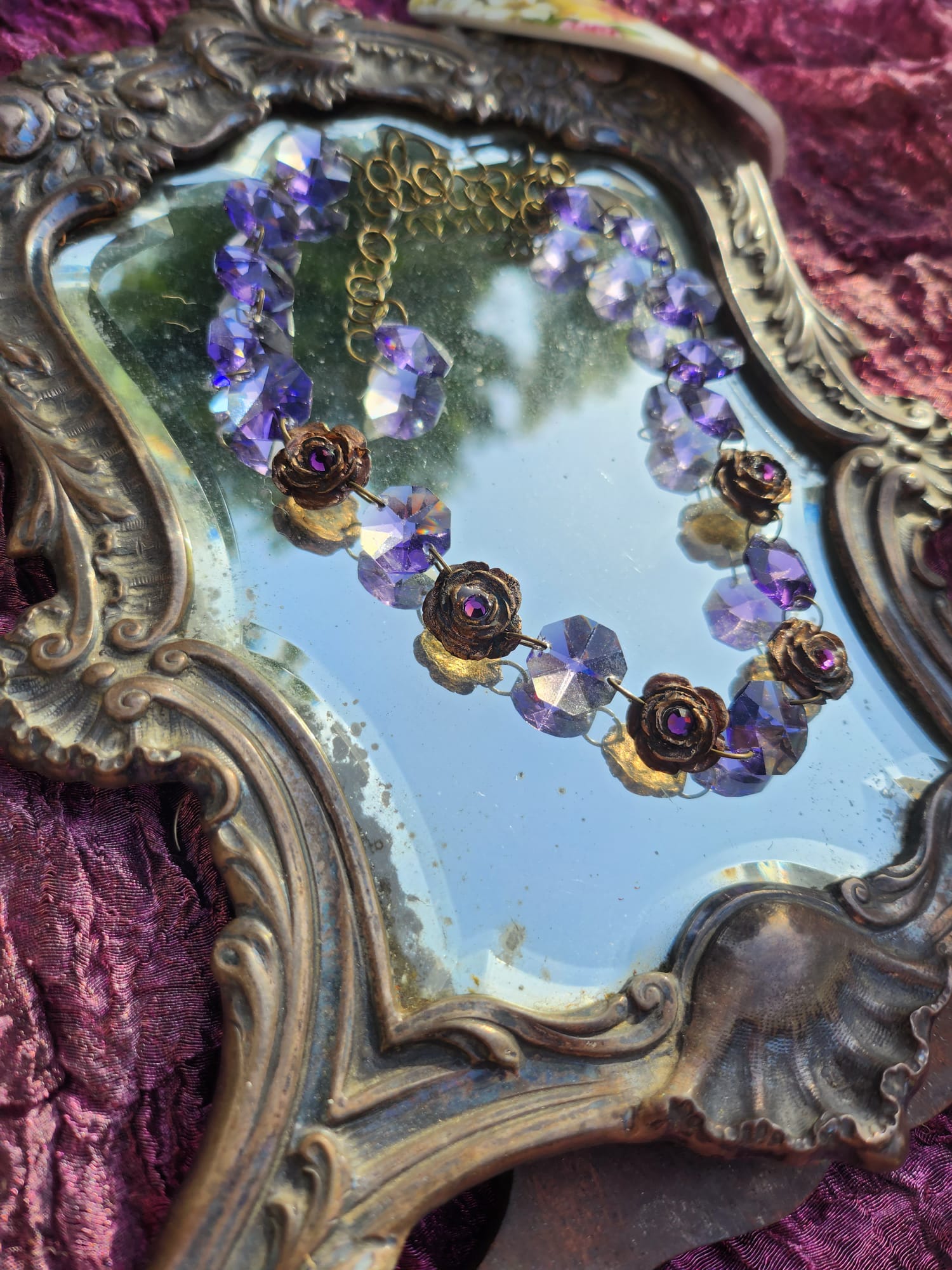 Handmade Bronze Necklace with Purple Crystals & Floral Accents – One-of-a-Kind Vintage-Inspired Jewelry