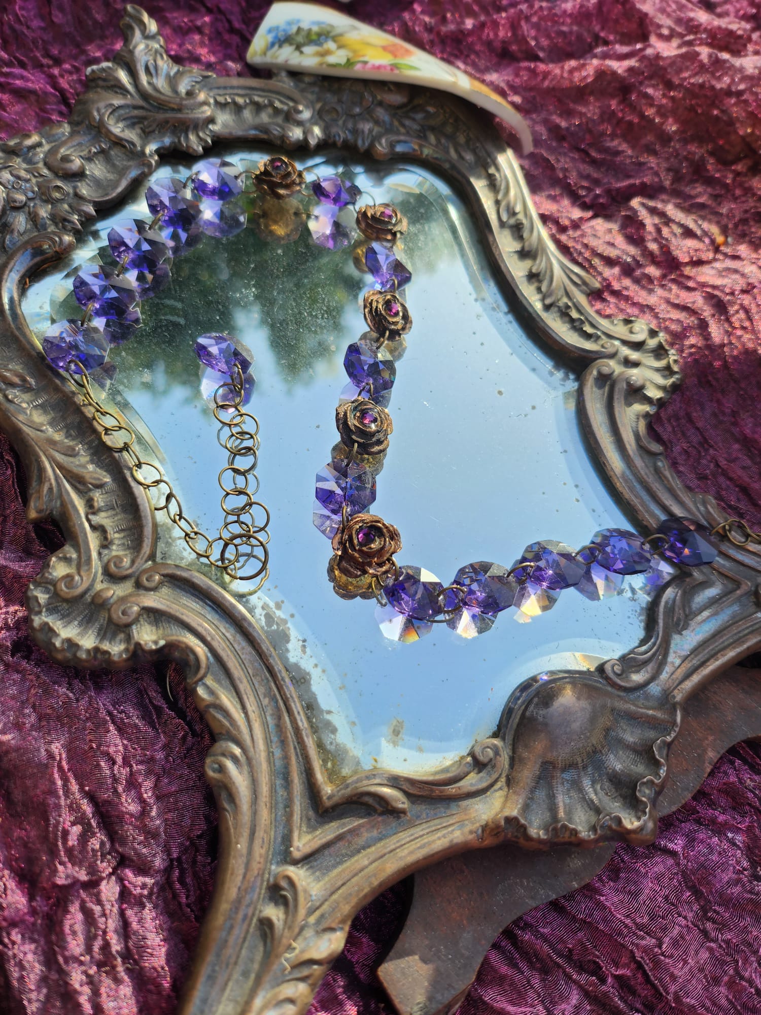 Handmade Bronze Necklace with Purple Crystals & Floral Accents – One-of-a-Kind Vintage-Inspired Jewelry
