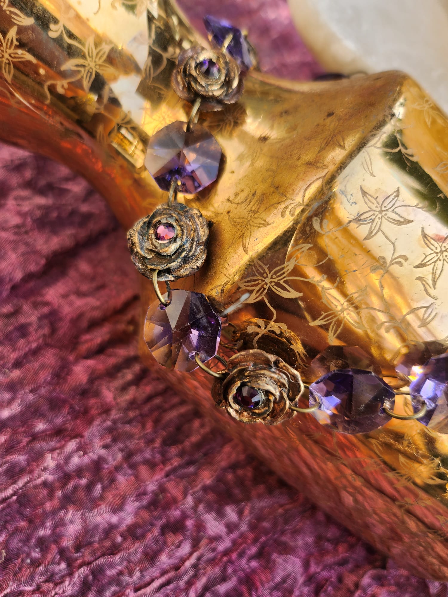 Handmade Bronze Necklace with Purple Crystals & Floral Accents – One-of-a-Kind Vintage-Inspired Jewelry