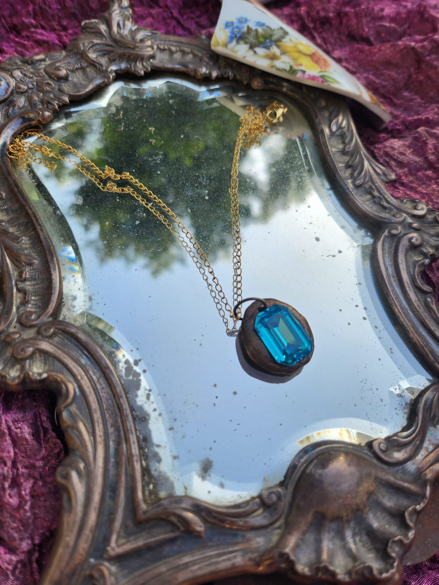 Blue Emerald-Cut Crystal Pendant – Handmade Bronze Vintage Necklace for Elegant & Boho Style