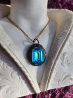 Blue Emerald-Cut Crystal Pendant – Handmade Bronze Vintage Necklace for Elegant & Boho Style