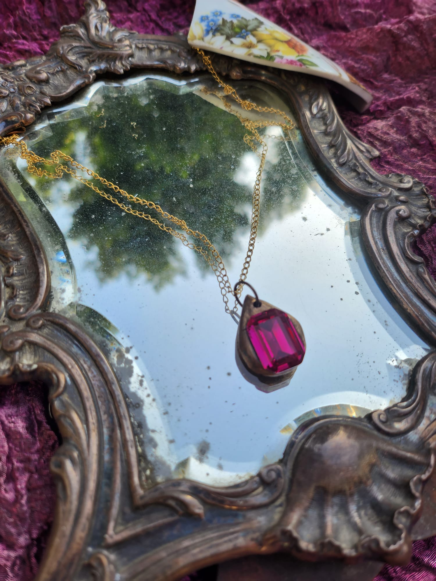 Fuchsia Pink Crystal Pendant – Handmade Bronze Vintage Necklace for Bold & Feminine Style