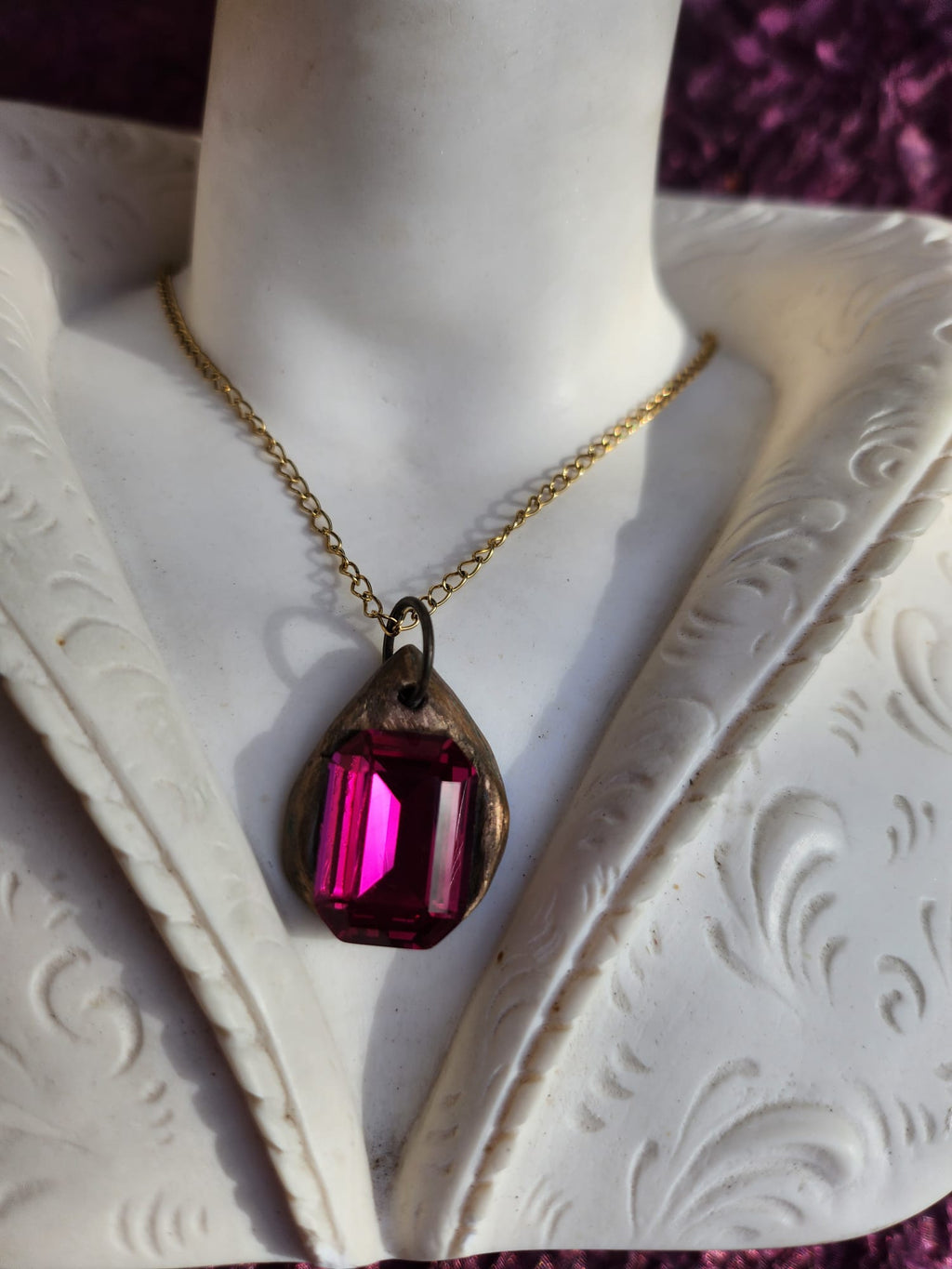 Fuchsia Pink Crystal Pendant – Handmade Bronze Vintage Necklace for Bold & Feminine Style