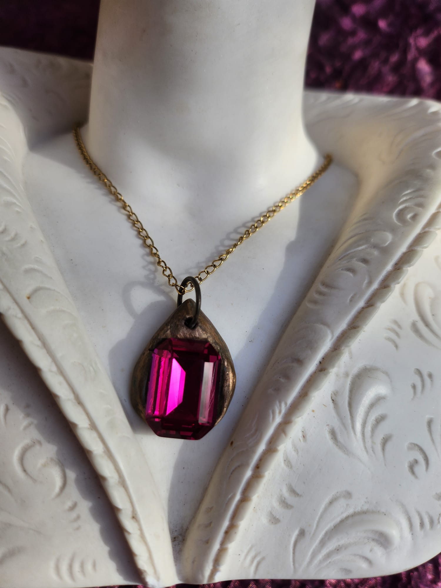 Fuchsia Pink Crystal Pendant – Handmade Bronze Vintage Necklace for Bold & Feminine Style