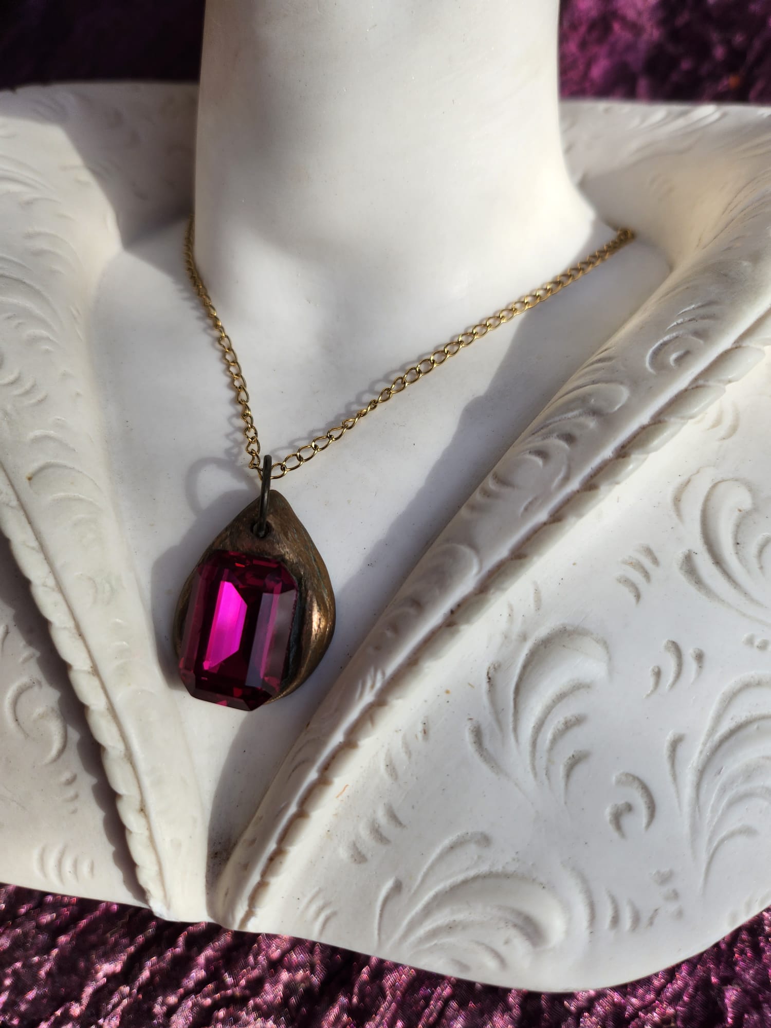 Fuchsia Pink Crystal Pendant – Handmade Bronze Vintage Necklace for Bold & Feminine Style